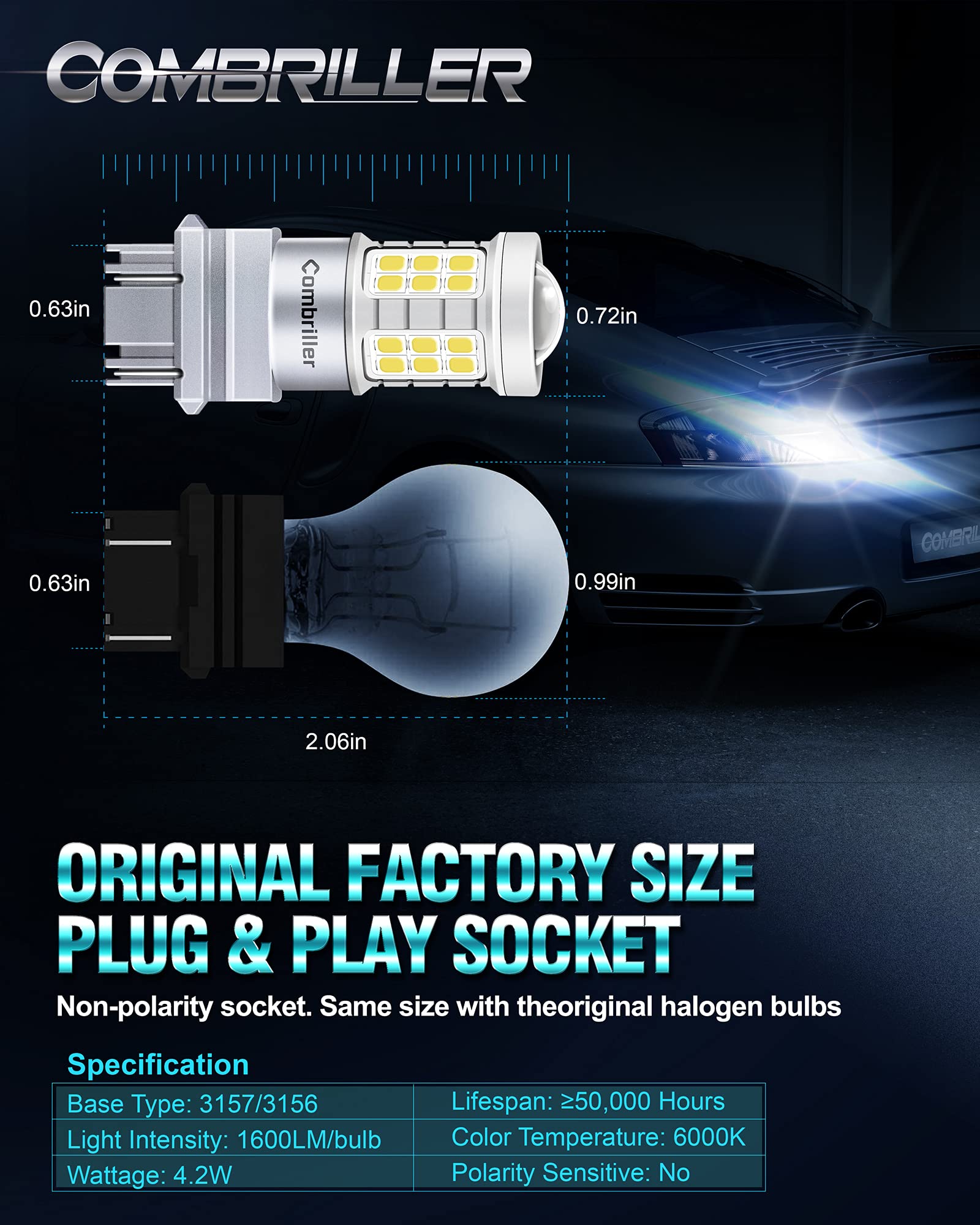 Combriller 3157 LED Bulb White 4 Pack - 3056 3156 3057 4157 LED Bulbs for Reverse Lights, Turn Signals, Brake Lights, Tail Lights, Parking Lights - Bright & Energy Efficient - Perfect for Cars, Trucks, SUVs, Motorcycles & Trailers