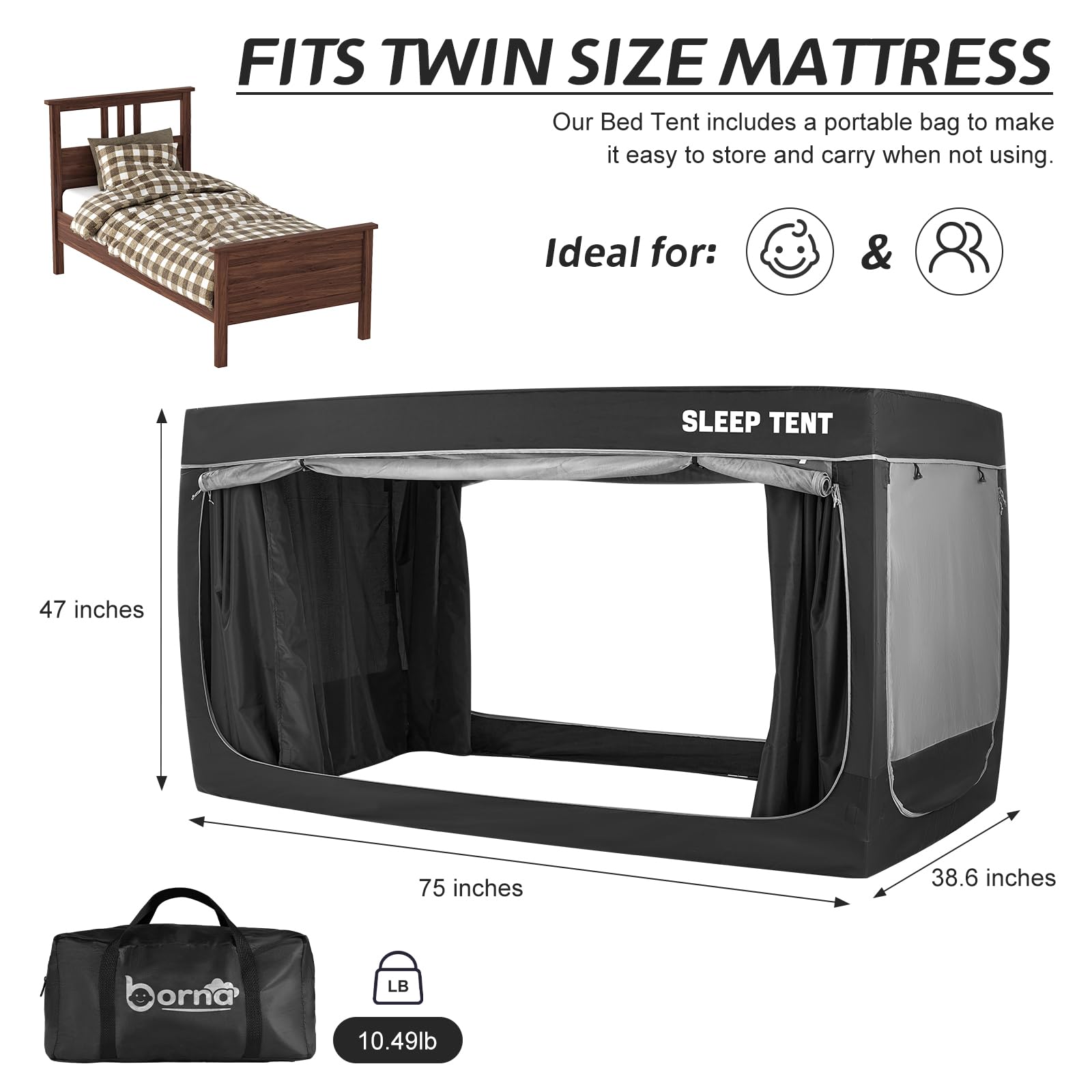BORNA Twin Size Bed Tent for Adults & Kids - Mosquito Net Canopy with 80% Blackout, Breathable Privacy Shelter, 4 Doors - Indoor Portable Sleeping Tent for Camping, Dorm Rooms & Privacy Spaces
