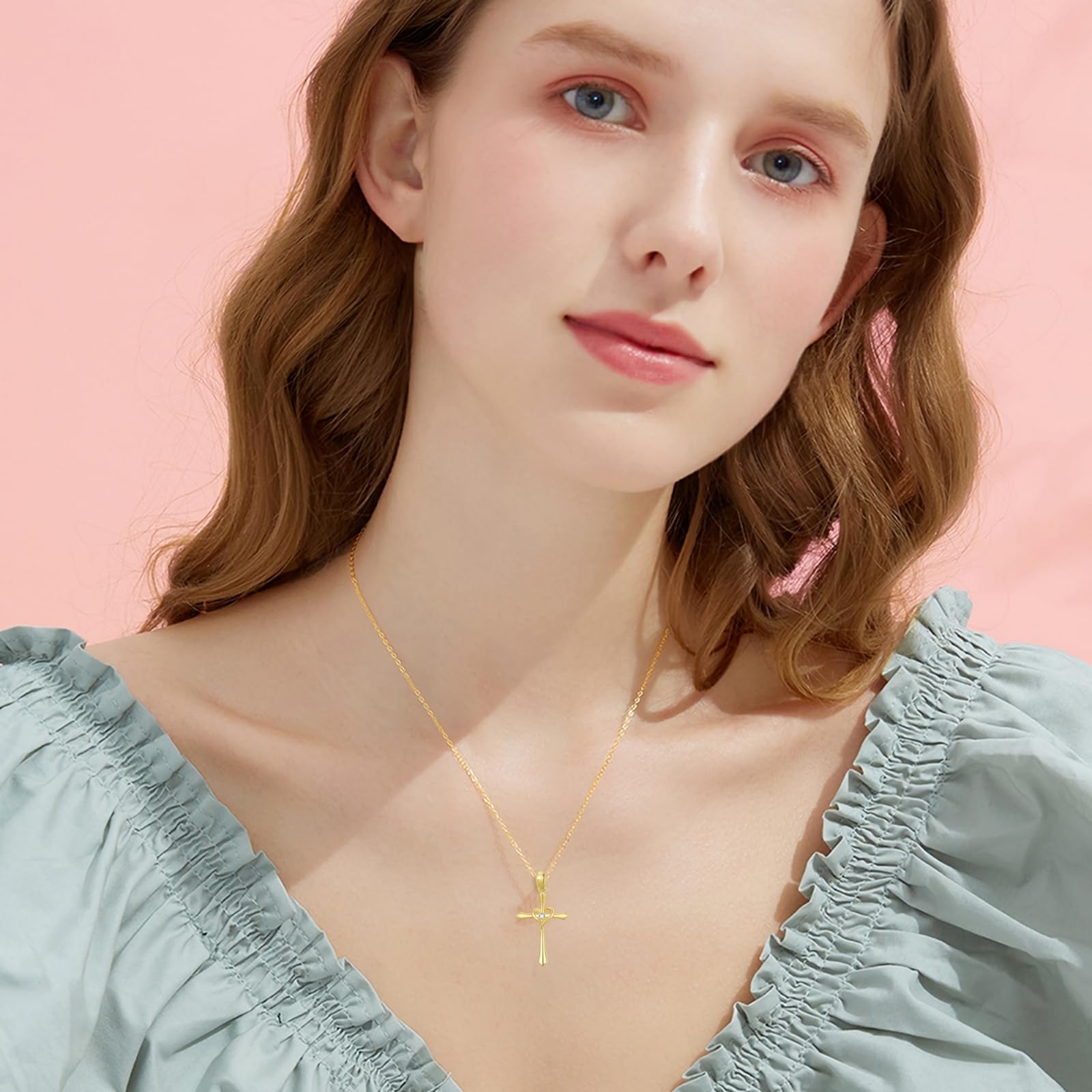 YDD 14K Solid Gold Cross Necklace for Women - Elegant Gold Chain with Dainty Cross Pendant, Heart Necklace Gift for Her, Mom, Wife (16