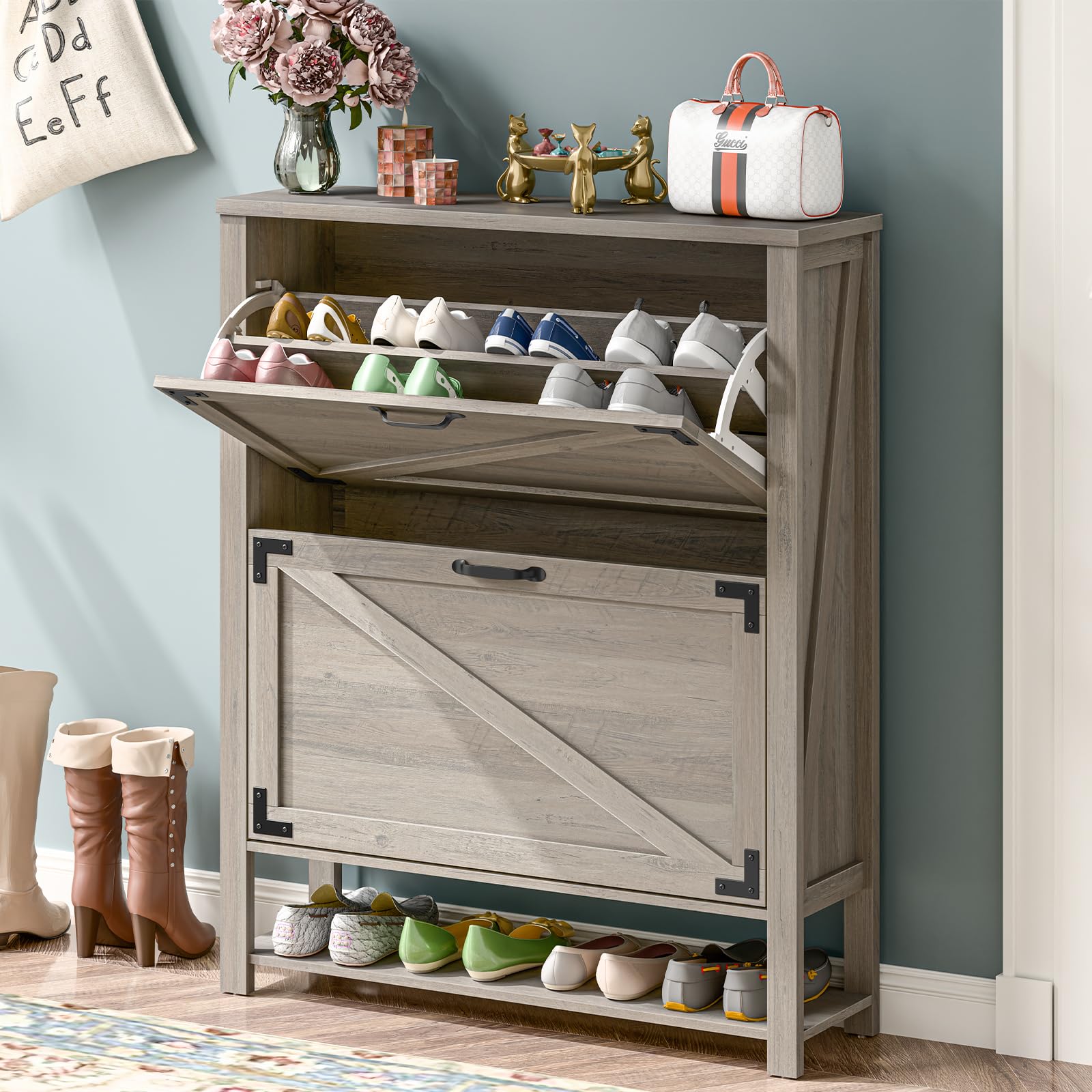 5-Tier Rustic Grey Shoe Storage Cabinet with 2 Flip Drawers - Farmhouse Entryway Organizer, Narrow Freestanding Wooden Shoe Rack for Hallway, Living Room & Bedroom Closet Organization