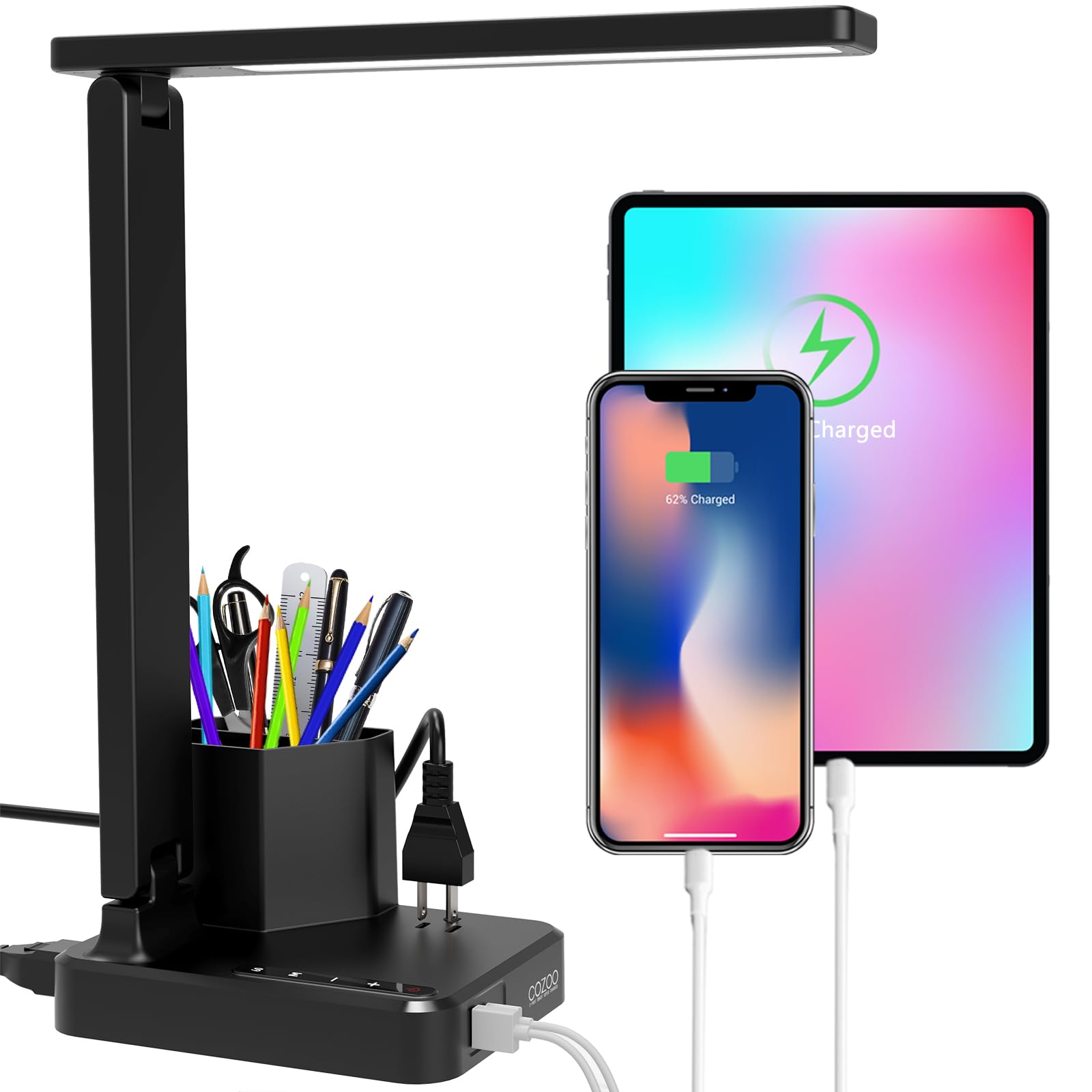 COZOO LED Desk Lamp with 2 USB Ports & Power Outlet - Adjustable 3 Color Temperatures & 3 Brightness Levels, Touch Control with Memory & Timer Function - Perfect for Home Office, Study, Kids Room & Workspace Lighting