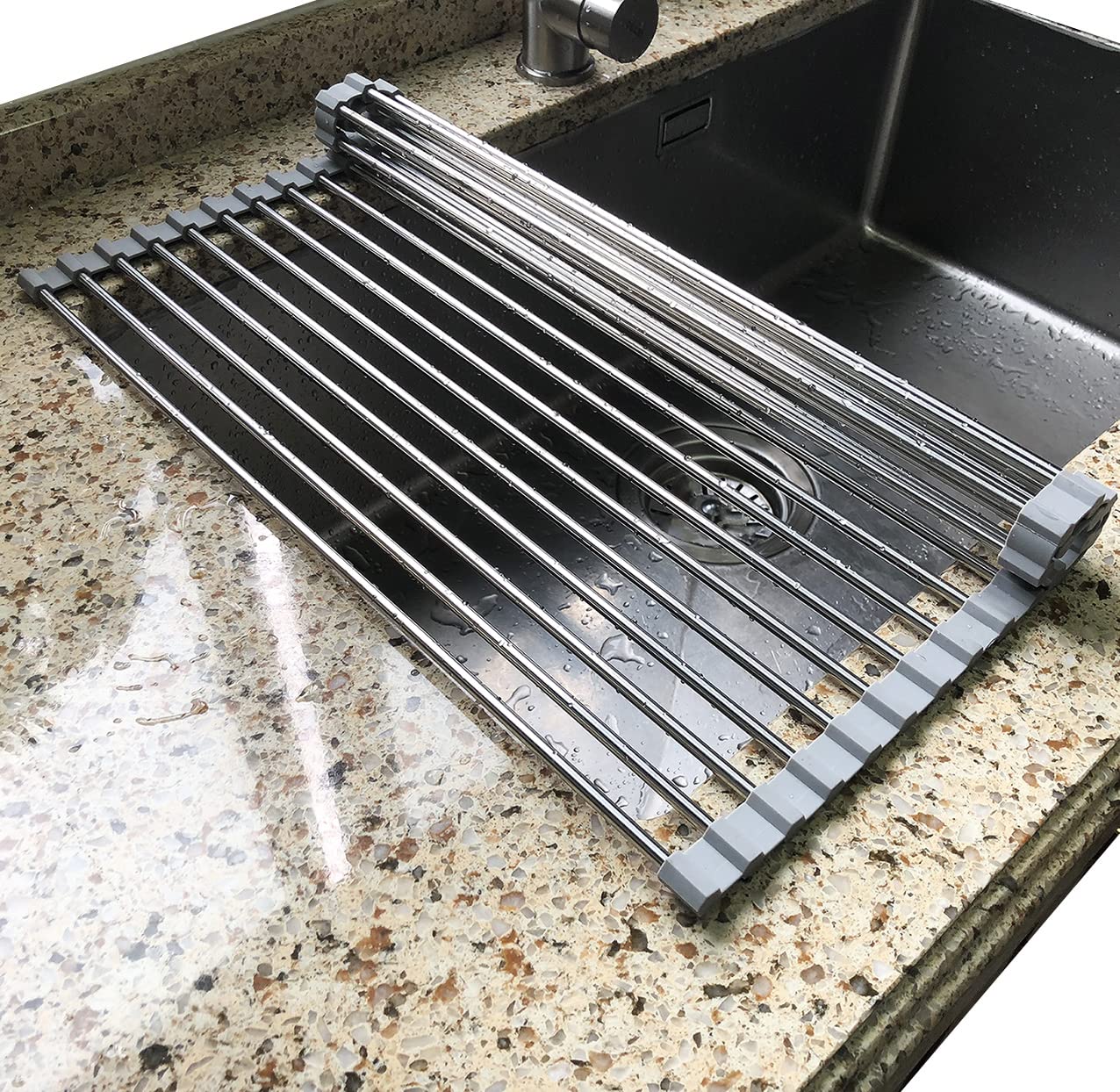 Tomorotec Stainless Steel Roll Up Dish Drying Rack - Over The Sink Portable Kitchen Organizer with Drainer, Storage Shelf & Caddy - Space Saving Gray Dish Rack for Small Kitchens, Apartments & RVs