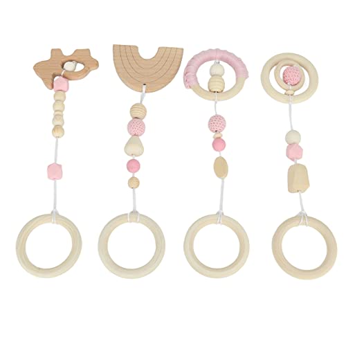 Wooden Hanging Toys for Babies - 4pcs Montessori Stroller Pendant Toys for Toddlers & Infants - Natural Wood Baby Play Gym Mobile for Crib & Car Seat - Perfect Birthday Gift for Boys & Girls (Pink) - Great for Nursery Decor, Sensory Play & Early Childhood Development