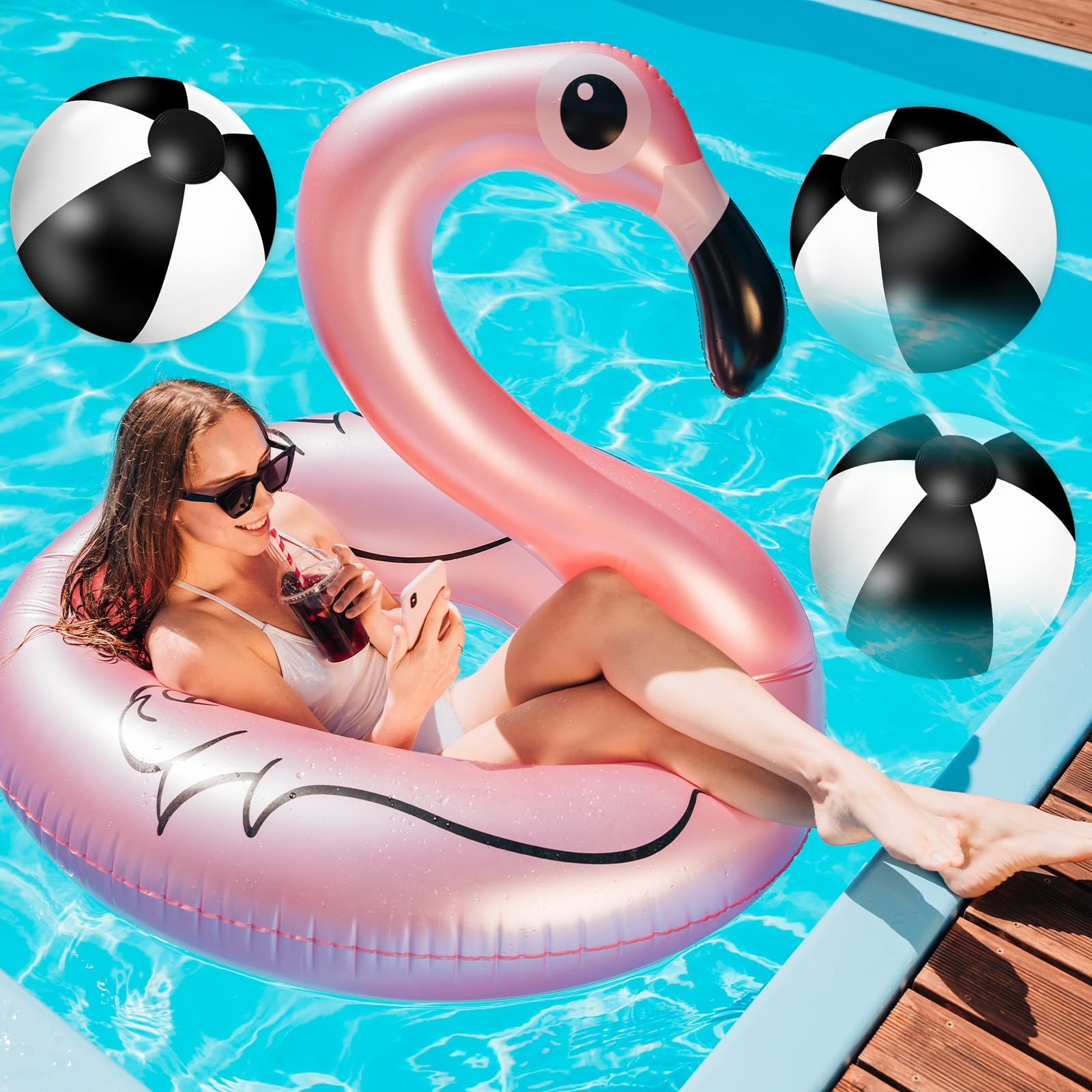 Whaline 16Pcs 16'' Black & White Inflatable Beach Balls - Round PVC Pool Toys for Summer, Hawaiian Tropical Theme Party Decorations - Perfect for Beach, Pool, Water Games & Sand Play