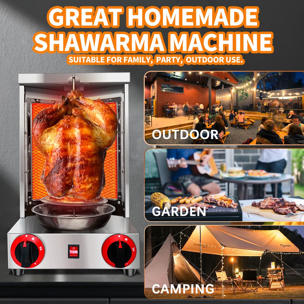 Li Zhen Commercial Gas Vertical Shawarma Doner Kebab Grill Machine - 2 Burner Propane Rotisserie Broiler with Meat Catch Pan (Patented) for Restaurants, Food Trucks & Catering Events