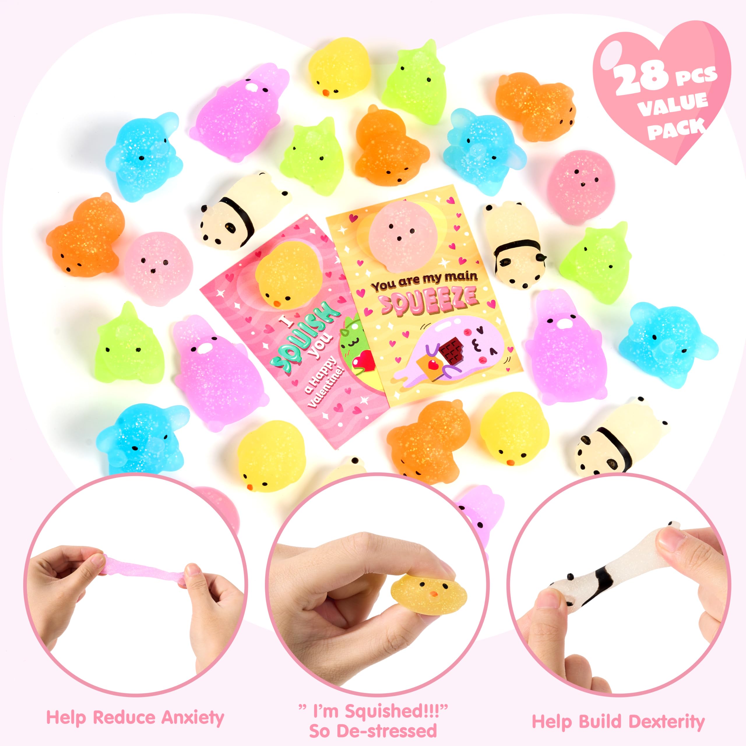 JOYIN 28 Pack Glitter Mochi Squishy Toys with Gift Cards - Stress Relief Fidget Toys for Kids, Valentine's Party Favors, Classroom Prizes & Exchange Gifts - Perfect for Birthday Parties, School Rewards and Sensory Play