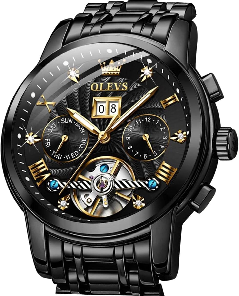 OLEVS Luxury Skeleton Automatic Mechanical Watch for Men - Diamond Accent, Self-Winding, Luminous Hands, Waterproof - Perfect for Business, Formal Events & Gift Giving