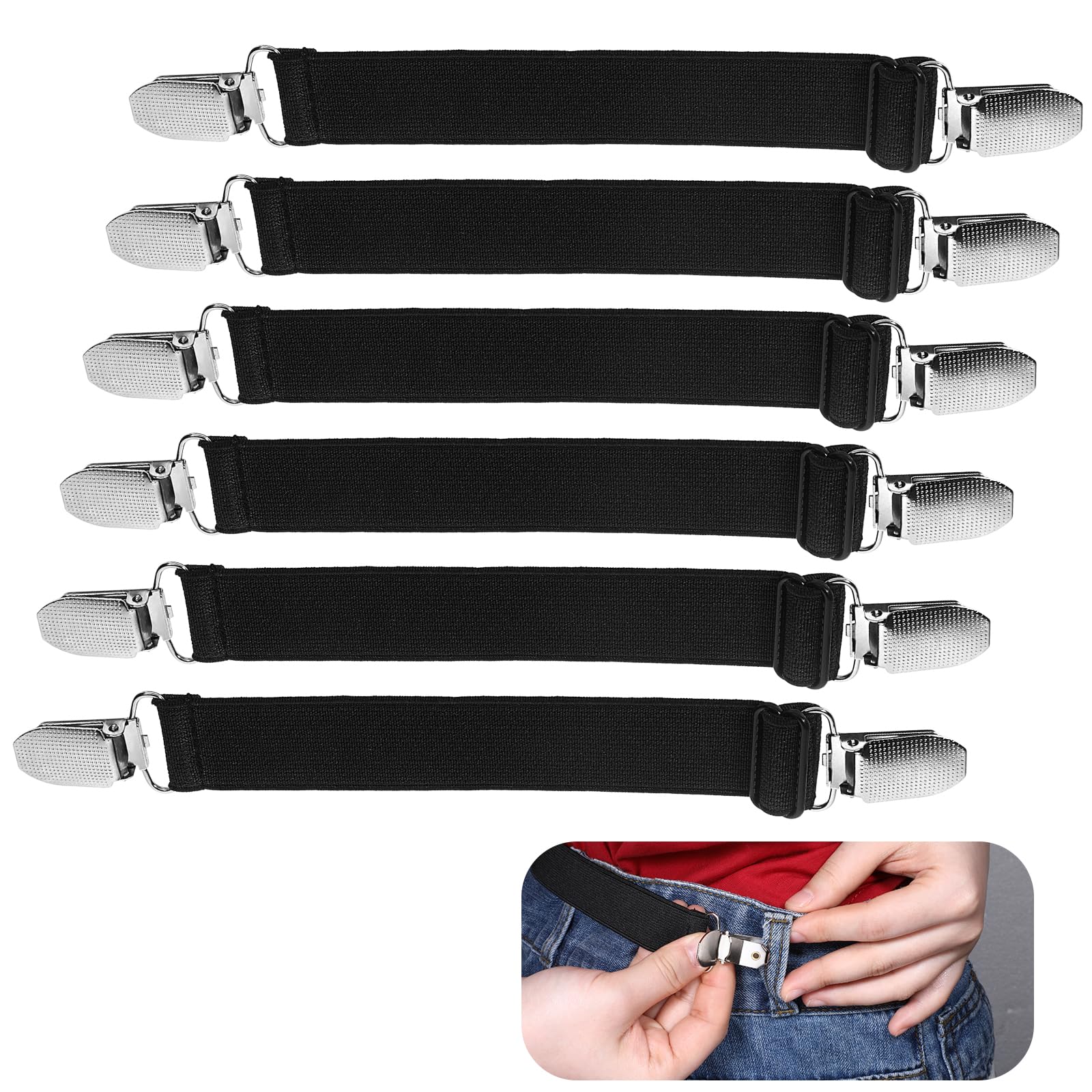 6 Pcs Adjustable Elastic Pant Clips - Waist Cinch Clips for Jeans & Pants - Clothing Accessories for Women & Men - Perfect for Tailoring, DIY Fashion & Securing Loose Clothing