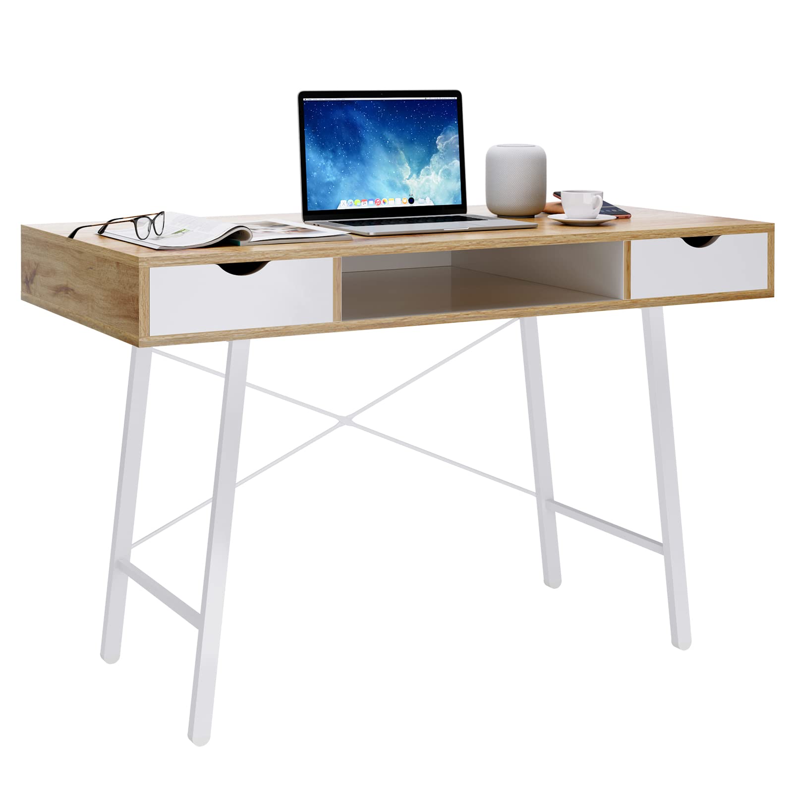 Mid Century Modern Desk with 2 Drawers & Storage Cube - 47 Inch Writing Study Desk for Small Spaces | Home Office Computer Desk, Multifunctional Vanity Dressing Table | Perfect for Apartments, Dorms & Compact Workspaces