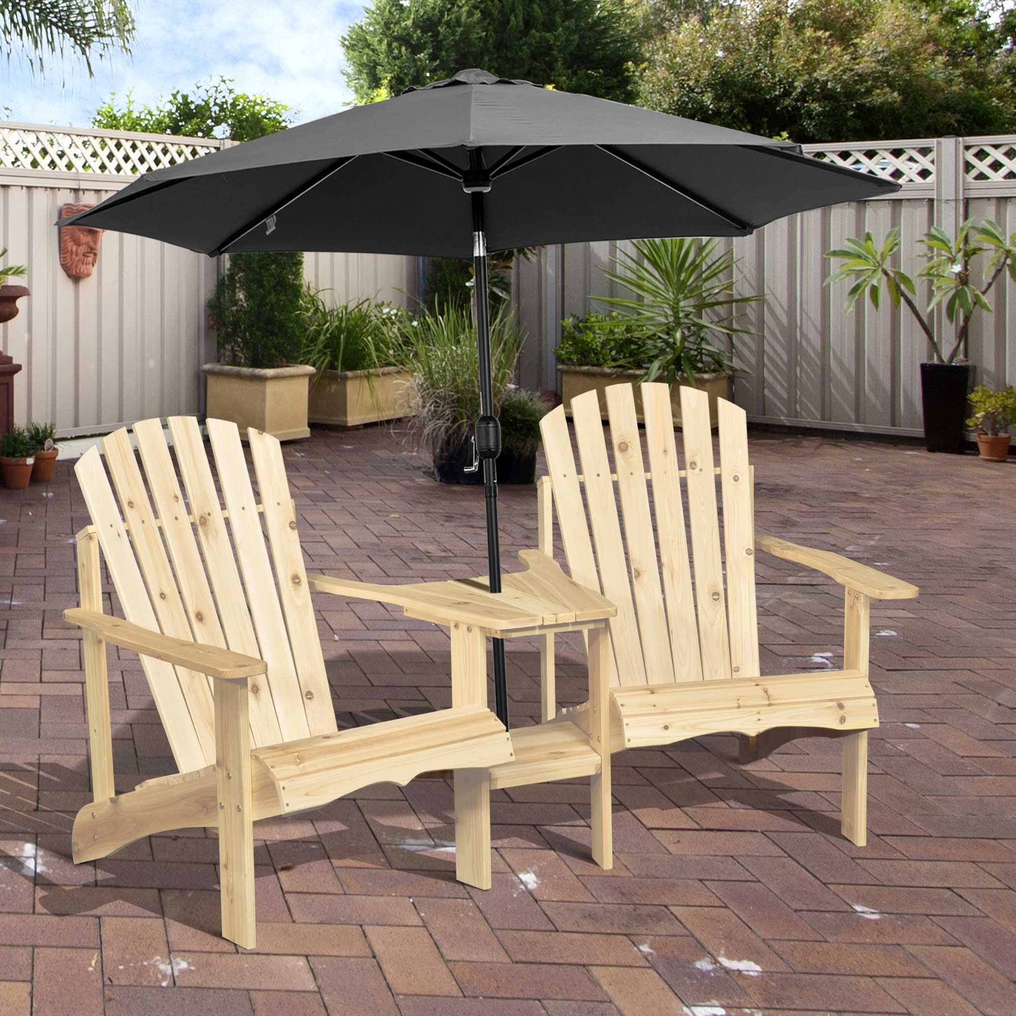 Outsunny 2-Person Wooden Adirondack Chairs Set with Fire Pit Table & Umbrella Hole - Natural Patio Furniture for Deck, Lawn, Poolside, Backyard Relaxation & Outdoor Gatherings