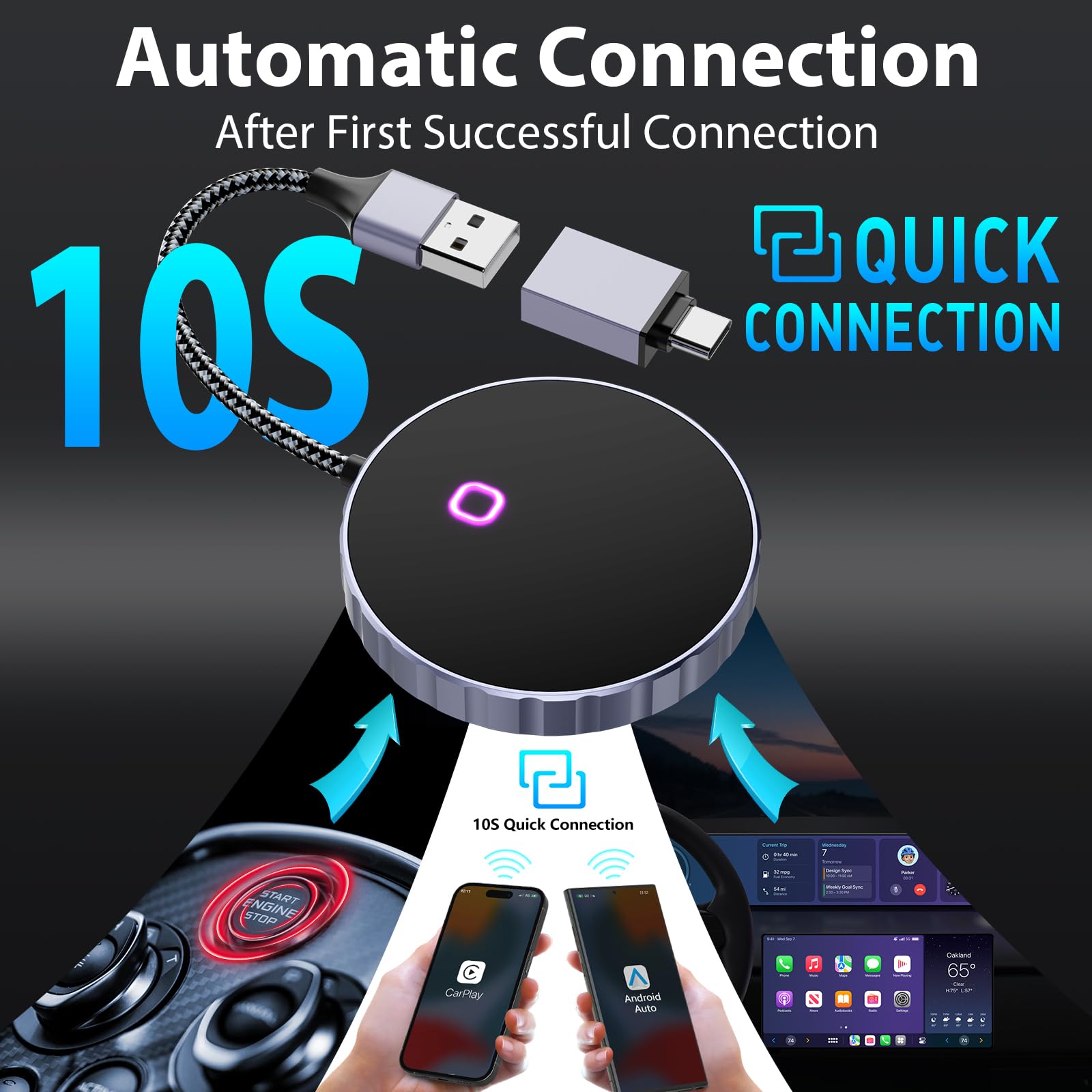 2024 Wireless CarPlay & Android Auto Adapter - 2-in-1 for Factory Wired Cars | Seamless Driving Connection
