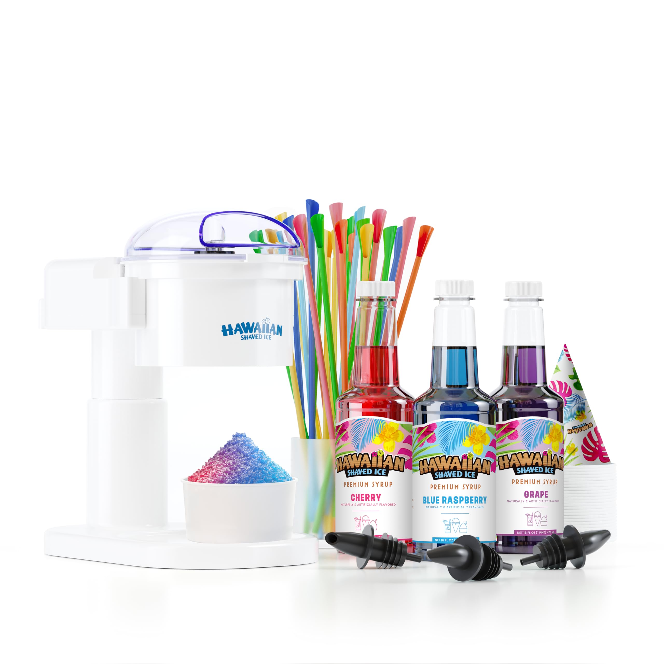 Hawaiian Shaved Ice Machine with 3 Flavor Syrups (Cherry, Grape, Blue Raspberry) & Party Accessories - Perfect for Summer Parties, Kids Events & Frozen Treats Business