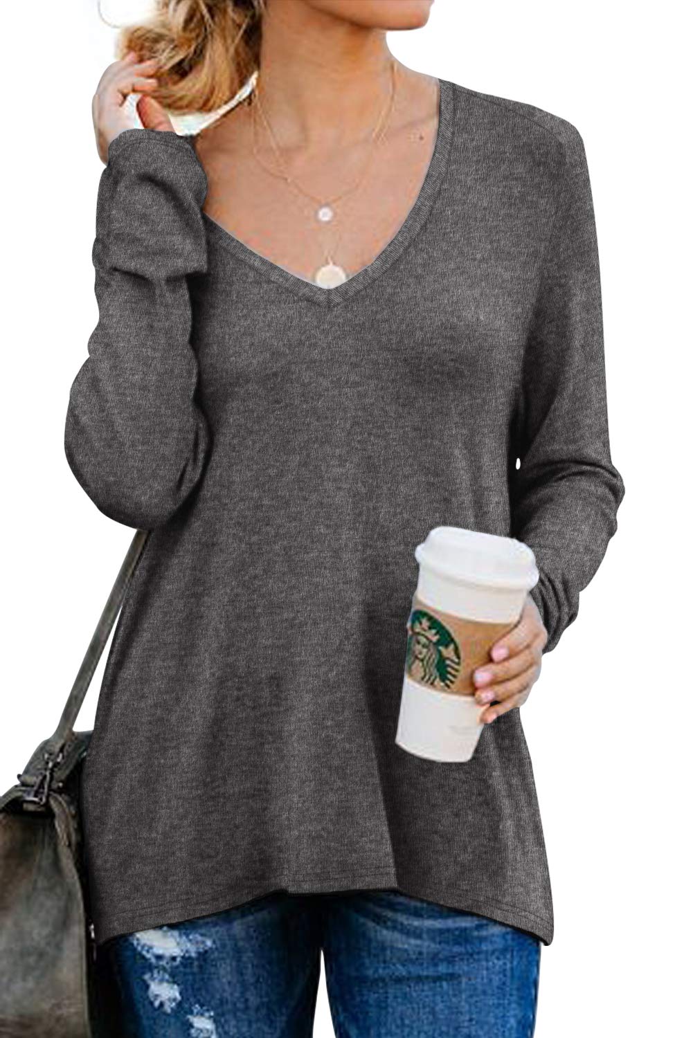 PrinStory Women's V-Neck Sweatshirt with Side Zipper - Casual Long Sleeve Top for Everyday Wear