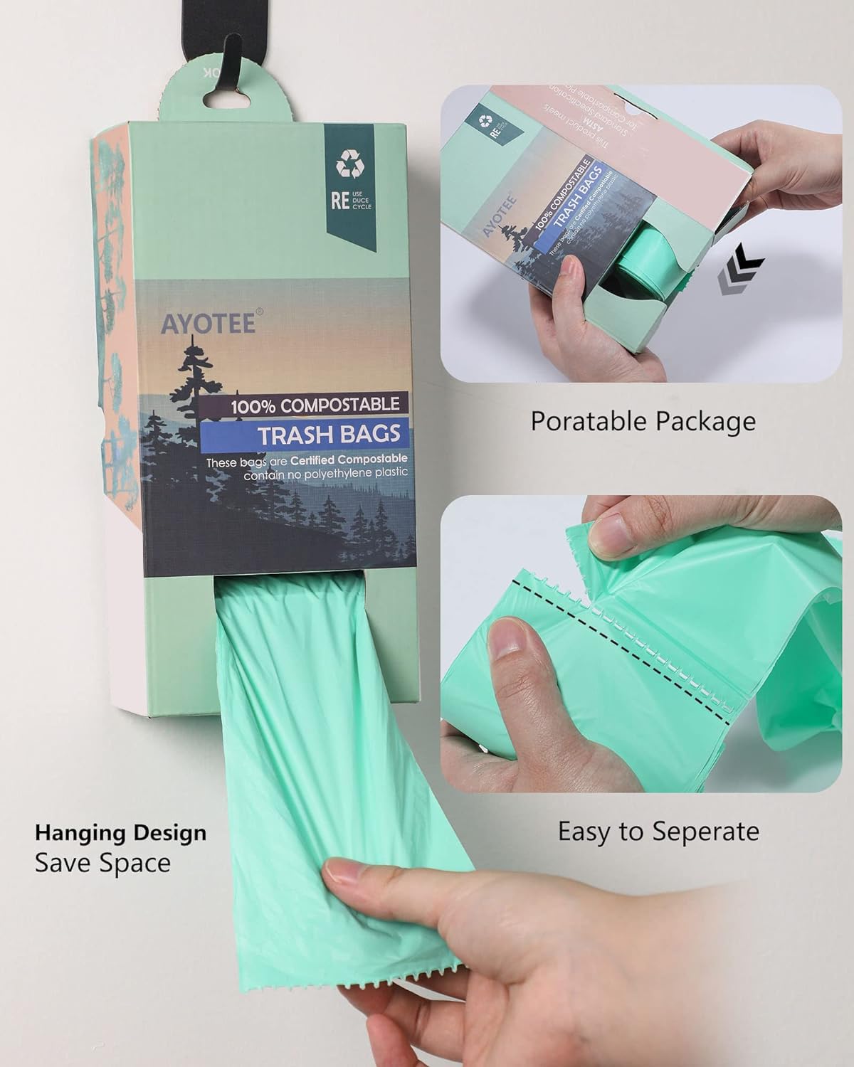 AYOTEE 100% Biodegradable Compost Bags 1.2 Gallon (125 Count) - ASTM Certified Small Trash Bags for Kitchen Countertop, Bathroom, Office & Travel - Eco-Friendly Waste Solution for Food Scraps & Organic Waste