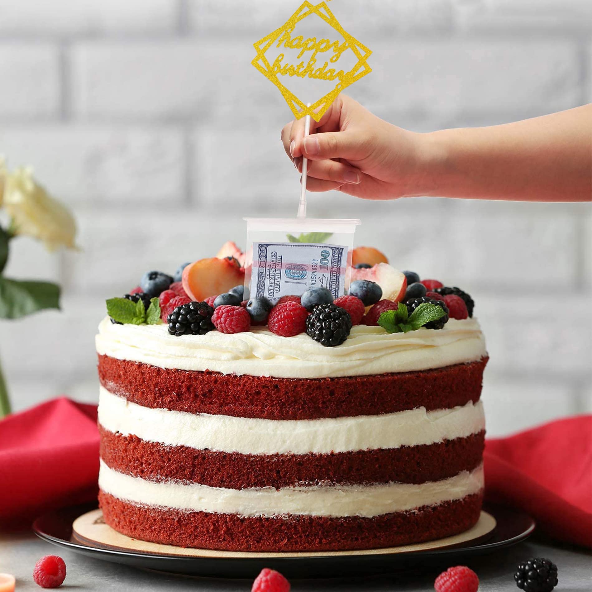 VAIIEYO Money Cake Box - Clear Pull Out Money Cake Kit with Gold Topper & 20 Transparent Bags for Birthday Party Decorations | Perfect for Surprise Cash Gifts, Graduation Celebrations & Special Occasion Cakes