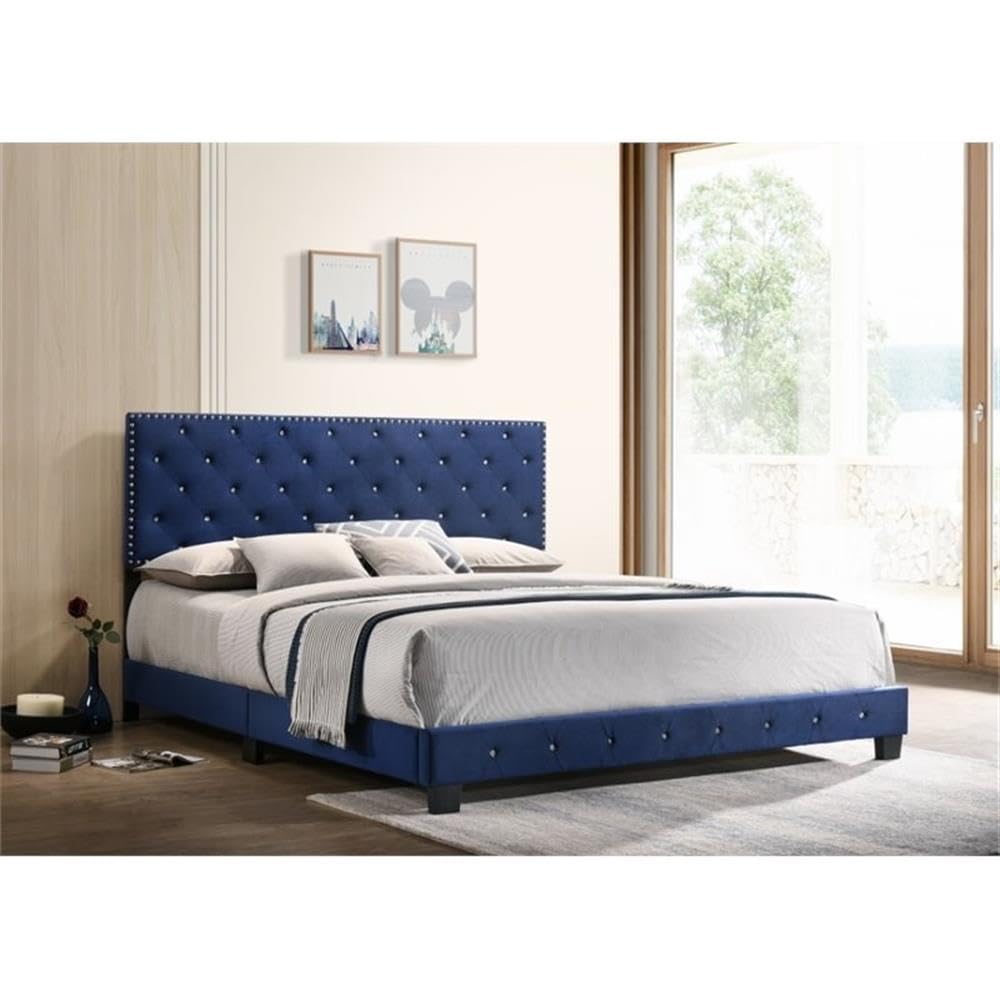 Luxury Navy Blue Velvet Upholstered King Size Bed Frame - Modern Tufted Headboard with Solid Wood Legs | Perfect for Master Bedroom, Guest Room & Hotel Decor