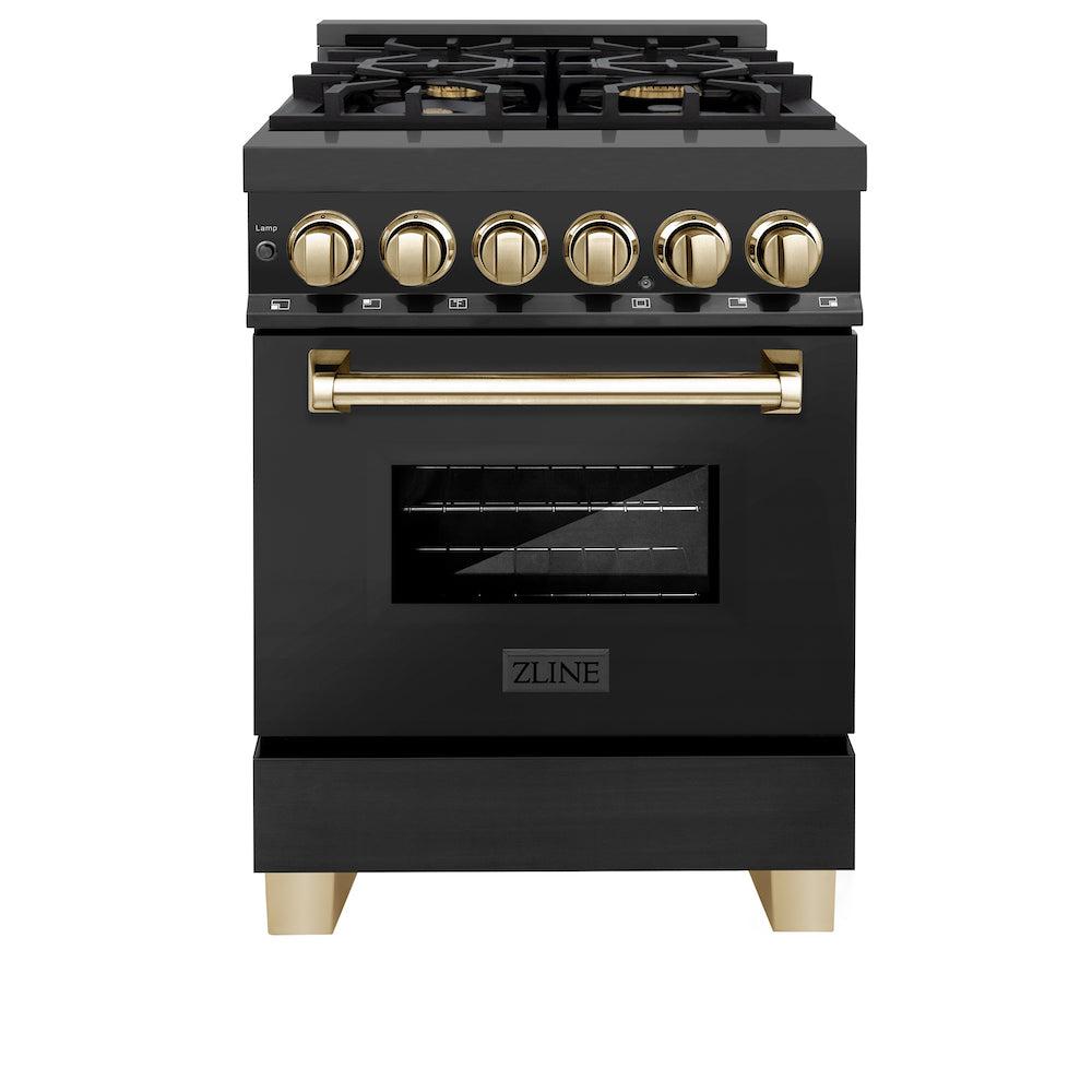 ZLINE Autograph Edition 24 Inch 2.8 Cu Ft Dual Fuel Range with 4 Burner Gas Cooktop & Electric Convection Oven - Black Stainless Steel with Polished Gold Accents (RABZ 24 G) | Professional Kitchen Appliance for Home Chefs & Cooking Enthusiasts