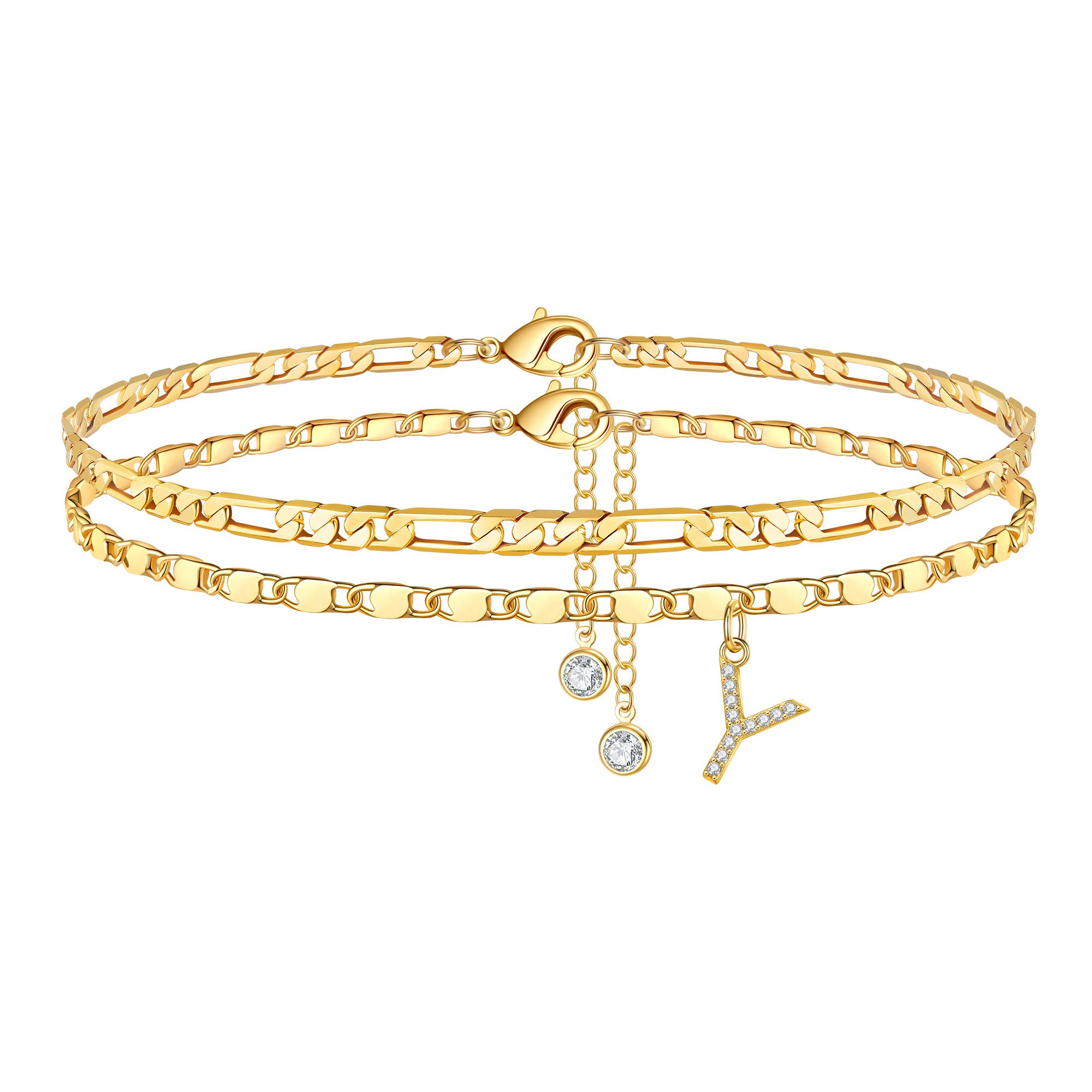 14K Gold Plated Dainty Layered Chain CZ Initial Anklets Set for Women - Elegant Summer Jewelry Gifts | Perfect for Beach Vacations, Weddings & Everyday Wear