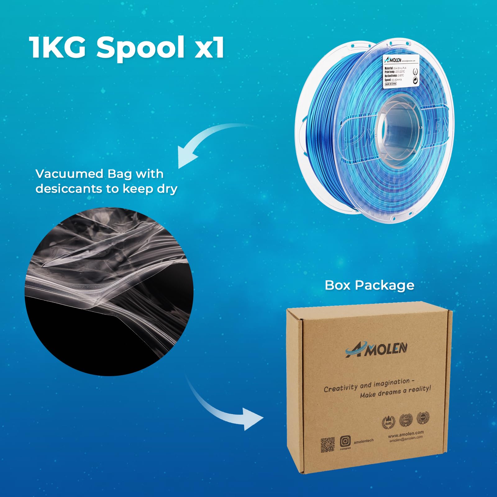 AMOLEN Premium PLA 3D Printer Filament 1.75mm - Silk Shiny Gradient Filament in Azure Blue (1KG/2.2lb) for Smooth 3D Printing | Perfect for Cosplay Props, Home Decor & DIY Projects