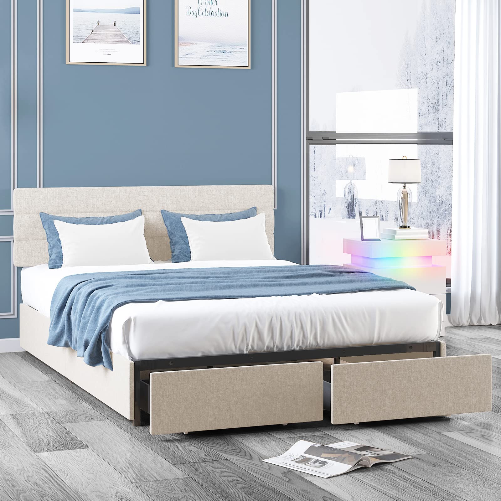 BALUS California King Size Upholstered Platform Bed Frame with Headboard & Large Storage Drawers - No Box Spring Needed, Light Beige - Perfect for Master Bedroom, Guest Room & Small Space Bedrooms