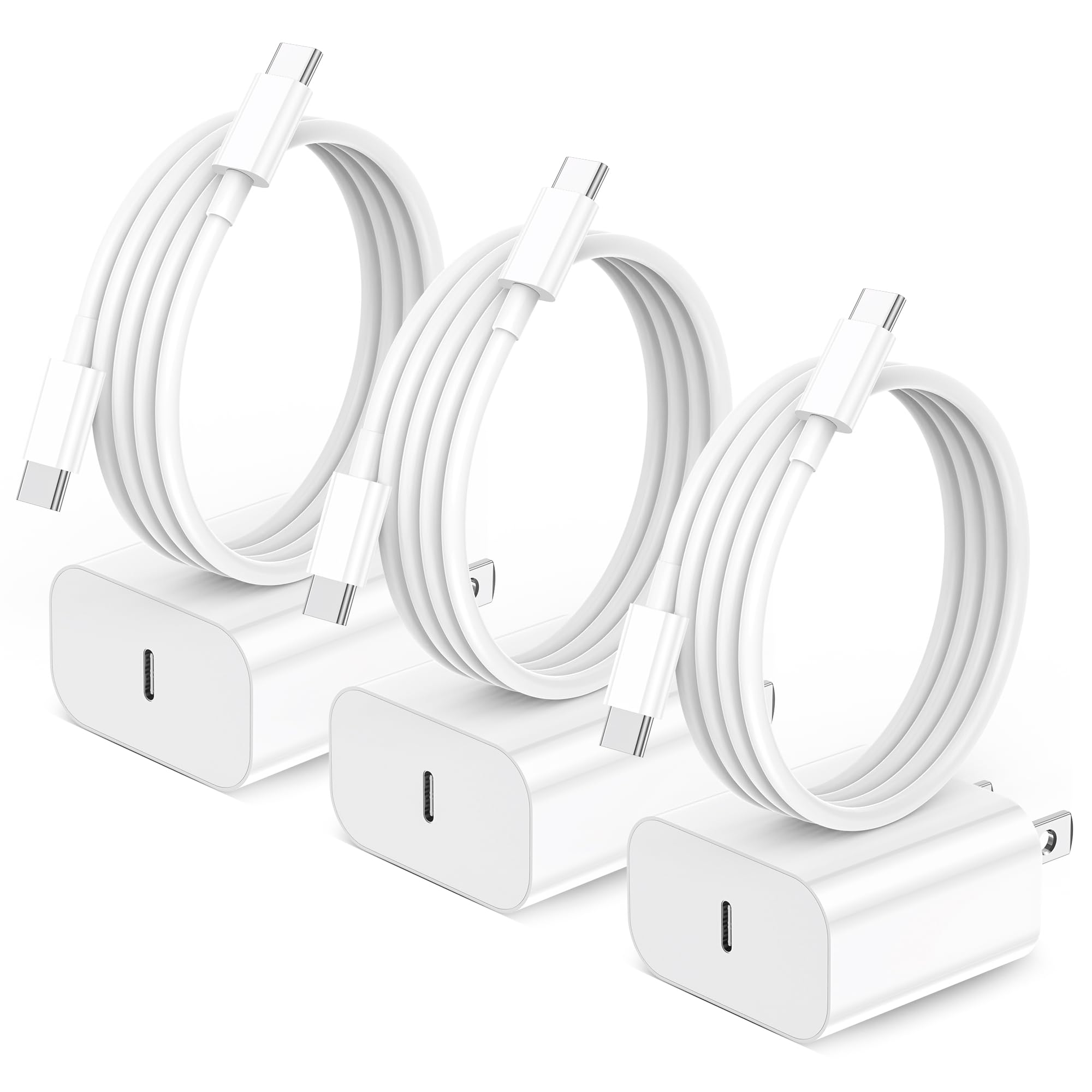 20W USB-C Fast Charger 3 Pack with 6ft Cable - Compatible with iPhone 16/16 Pro/16 Pro Max/16 Plus/15 Series, iPad Air, iPad Pro - Quick Charging for Home, Office & Travel