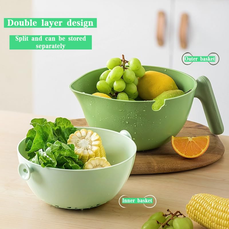 2-in-1 Rotating Kitchen Colander with Handle - Pasta Strainer & Fruit Washing Bowl - Avocado Green - Perfect for Washing Vegetables, Draining Pasta, and Rinsing Berries