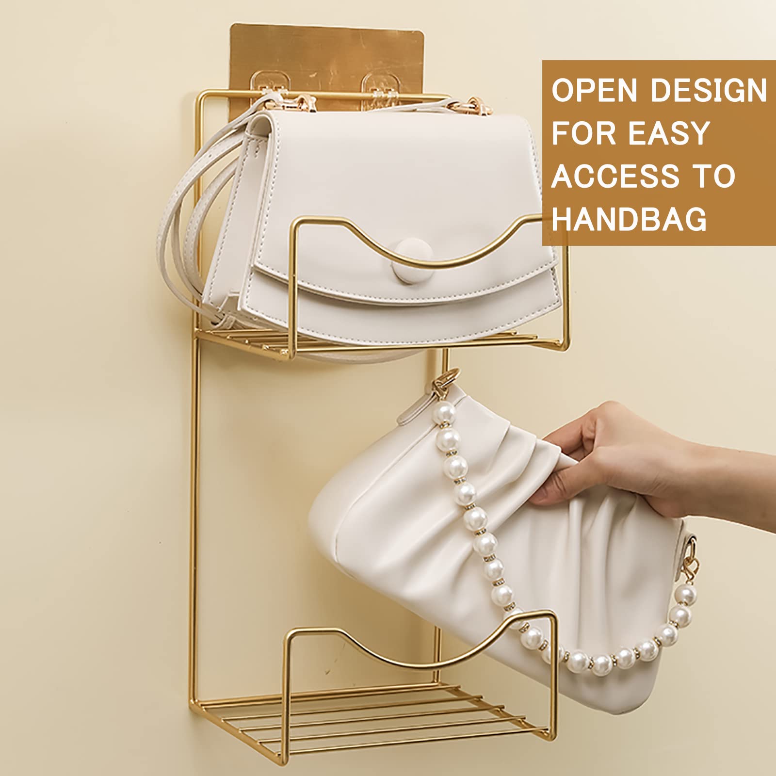 Hanging Handbag Organizer for Closet - Wall Mount Purse Storage Holder with 2 Shelves | Space Saving Metal Handbag Display Shelf | Gold Finish | Perfect for Bedroom, Walk-in Closet, and Dorm Organization