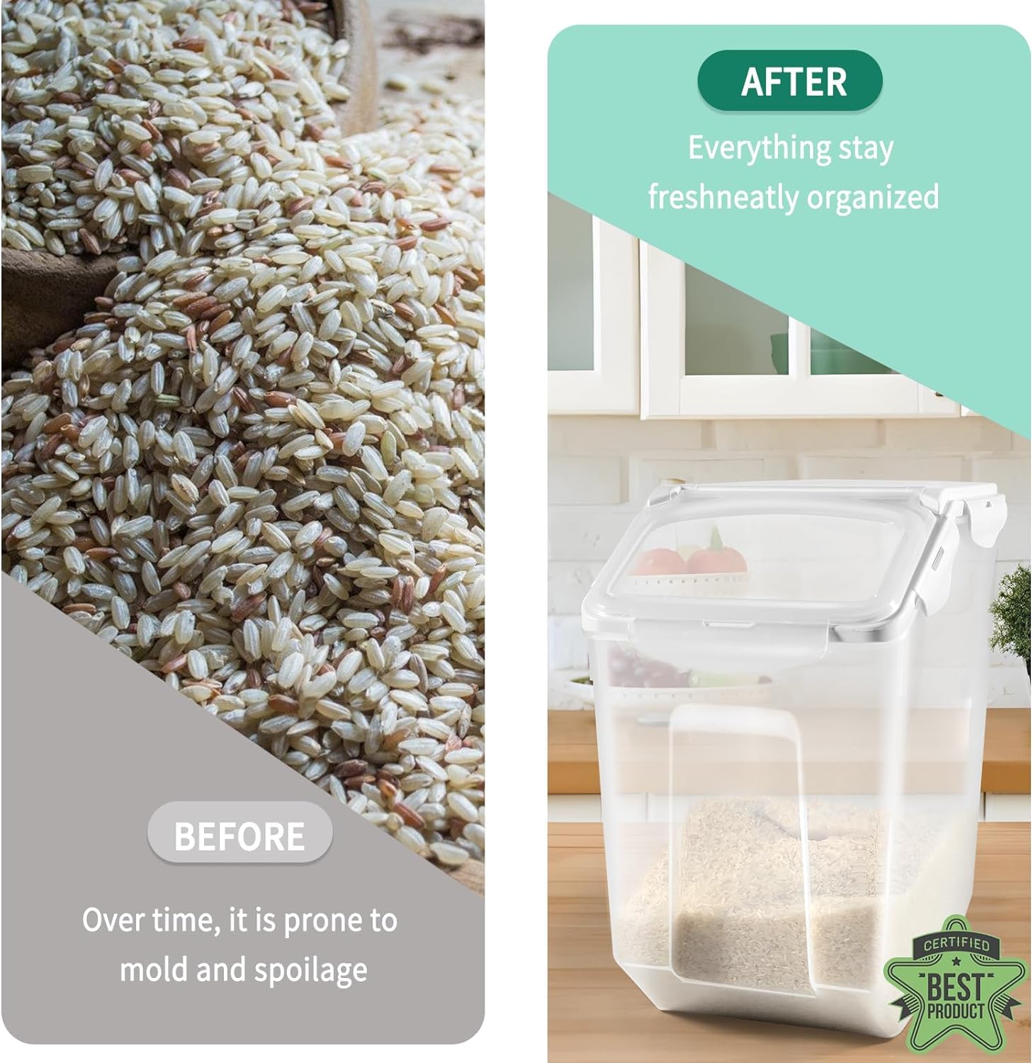 3-Pack 30 Lb/15L Large Plastic Rice Storage Containers - Airtight Moisture Proof Food Buckets for Grains, Flour & Pet Food - Perfect for Kitchen Pantry Organization & Bulk Food Storage