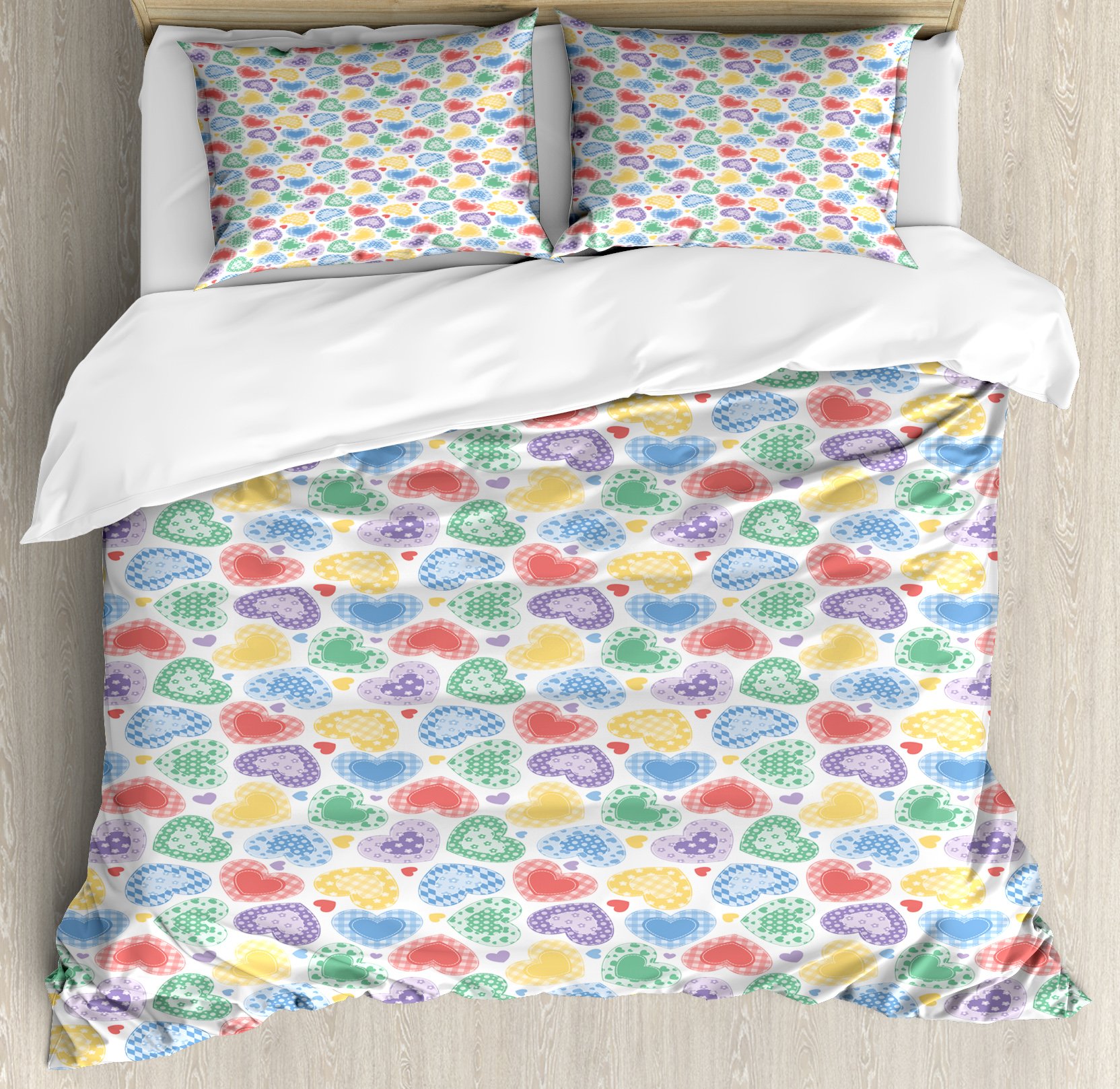 Ambesonne Romantic Love Duvet Cover Set - King Size 3 Piece Bedding with 2 Pillow Shams, Patchwork Heart Design on White Background, Valentine's Day Gift for Couples | Perfect for Master Bedroom, Guest Room Decor & Anniversary Presents