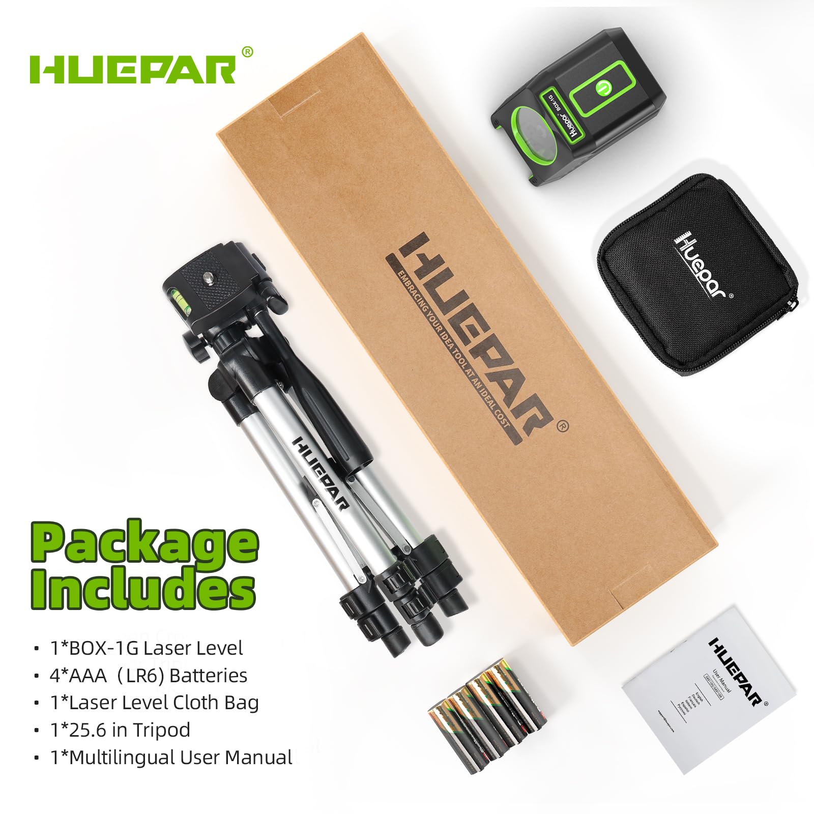 Huepar 150Ft Self-Leveling Green Laser Level with Tripod - 150° Vertical Cross Line Laser for Picture Hanging, Tile Installation & Construction Projects | Outdoor Use with Pulse Mode (Includes 25.6