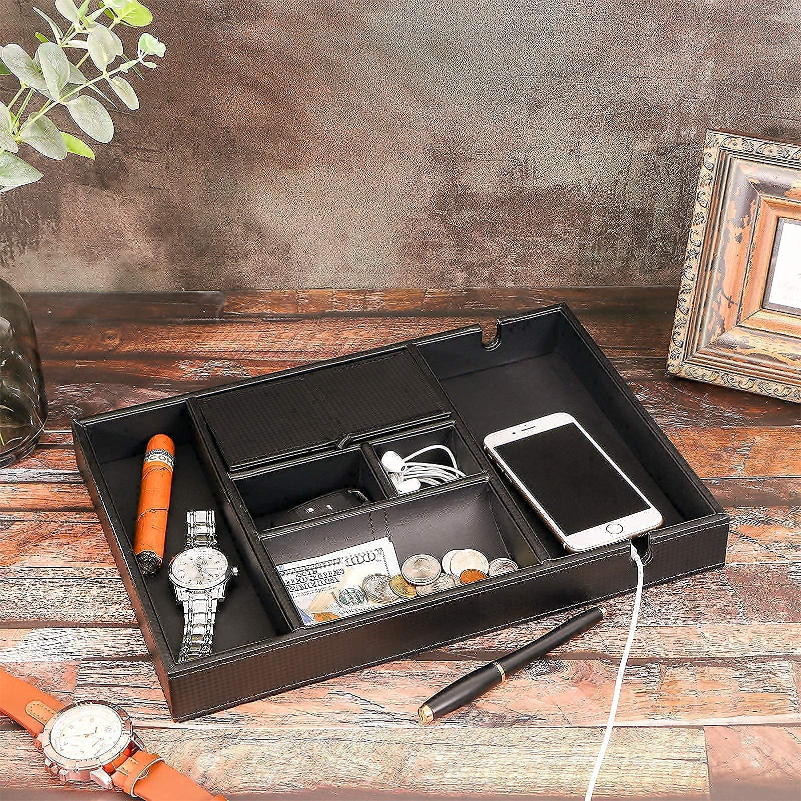 BEWISHOME Carbon Fiber Watch Box Organizer & Valet Tray - Men's Dresser and Nightstand Storage Case - Perfect for Watch Collection, Jewelry, and Small Essentials Organization at Home or Office