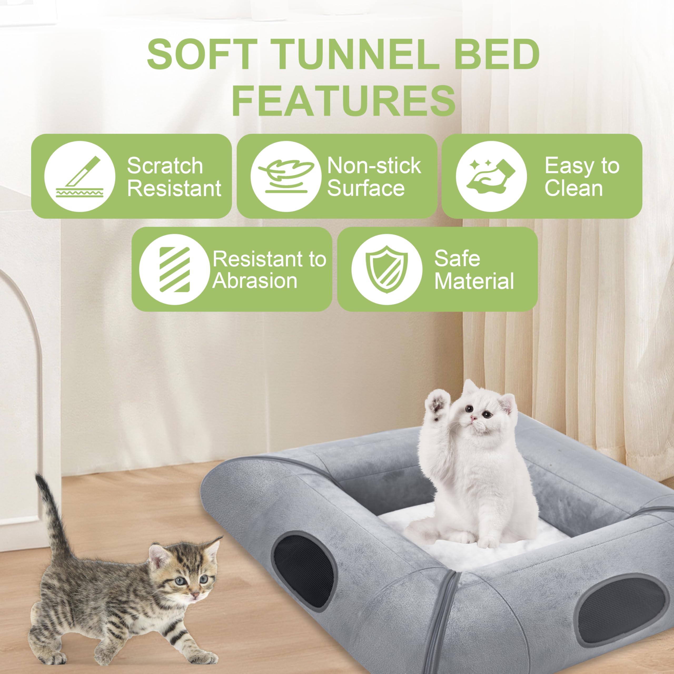 Collapsible Cat Tunnel Bed with Removable Washable Cushion - Peekaboo Pet Cave for Kittens & Rabbits - Indoor Interactive Cat Toy - Scratch Resistant & Durable - Perfect for Playtime & Nap Time (Gray, No Door)