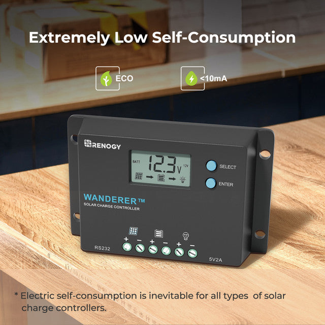 Renogy Wanderer 10A PWM Solar Charge Controller for RV, Boat, Off-Grid - 12V/24V Auto Recognition, LCD Display, Waterproof Design