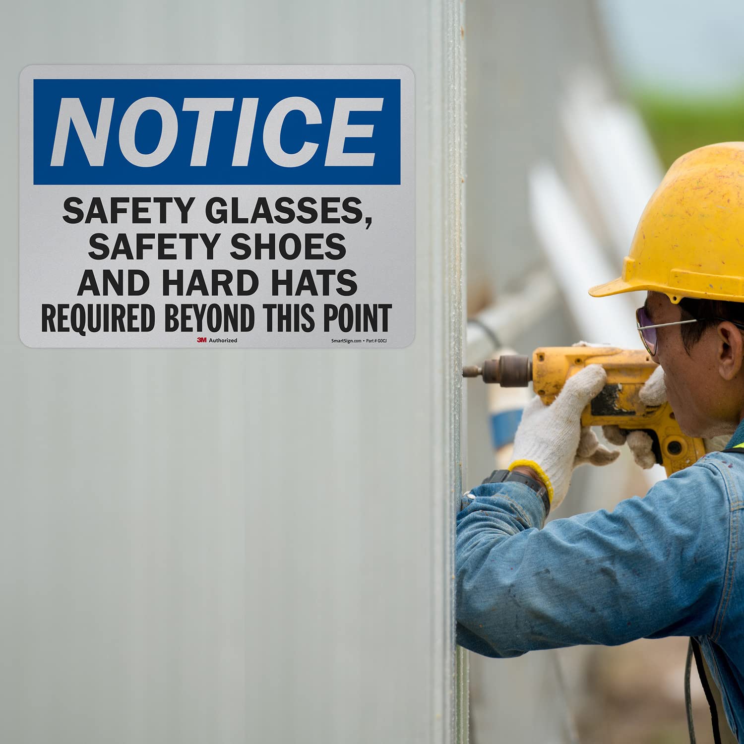 SmartSign 10 x 14 Inch OSHA Safety Sign - 'Notice: Safety Glasses, Shoes & Hard Hats Required Beyond This Point' - 5.5 Mil Laminated Vinyl with 3M Reflective Material - Blue/Black/White - Perfect for Construction Sites & Industrial Work Zones