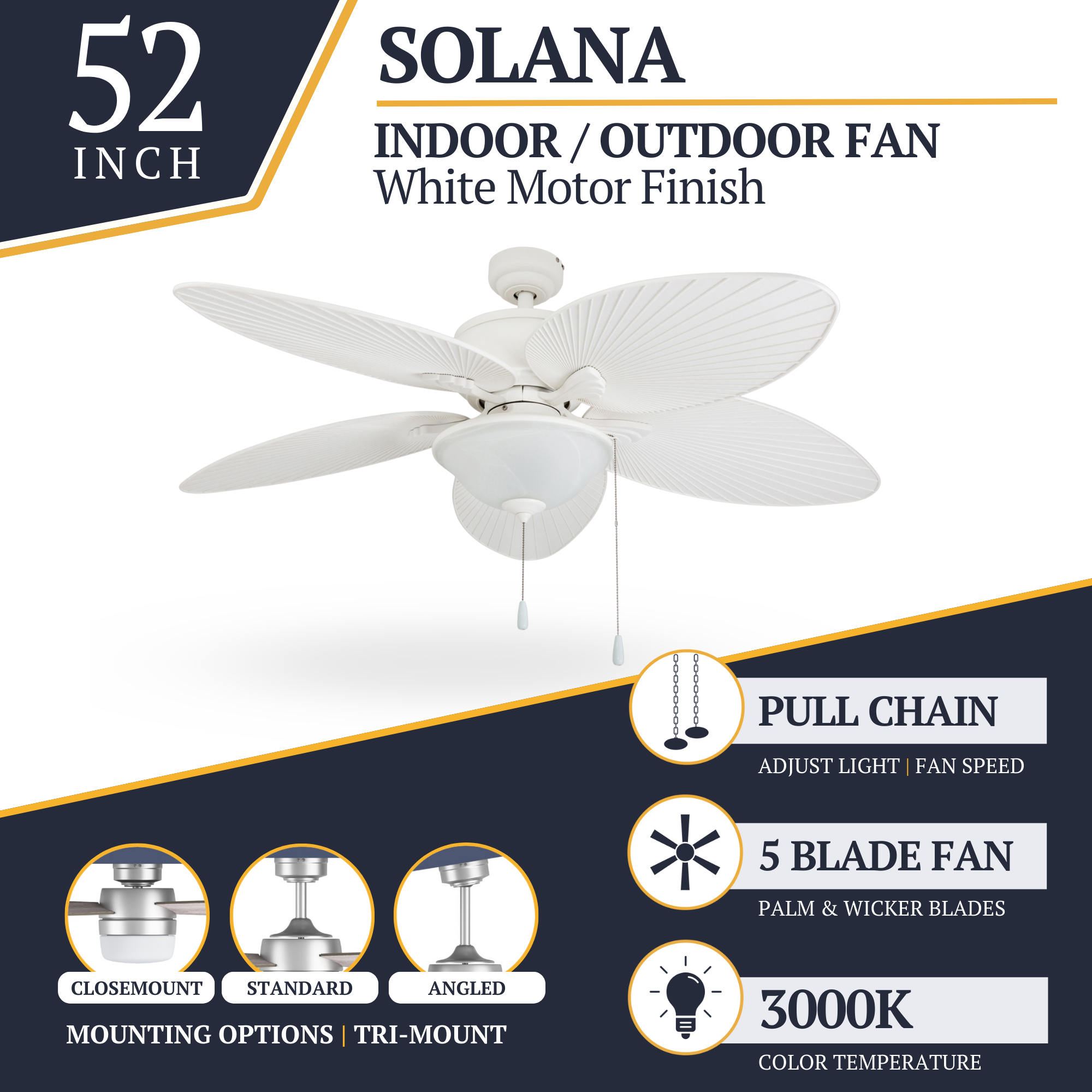 52 Inch Solana White Ceiling Fan with Pull Chain - Indoor/Outdoor Use for Living Room, Bedroom, Patio & Covered Porch