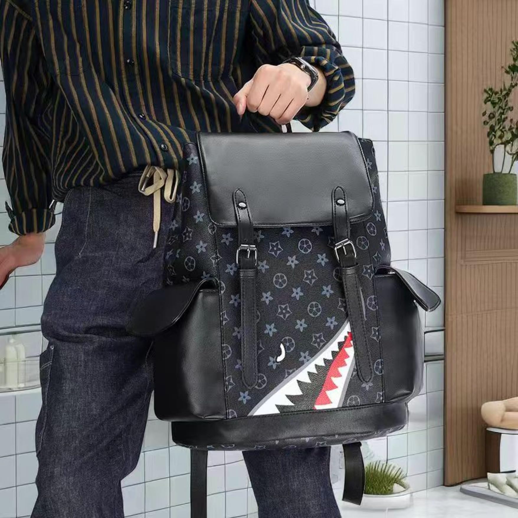 Premium PU Leather Laptop Backpack for Business, School & Travel - Multi-Functional Shoulder Bag with USB Charging Port - Ideal for College, Office & Hiking (Black) AKH-596