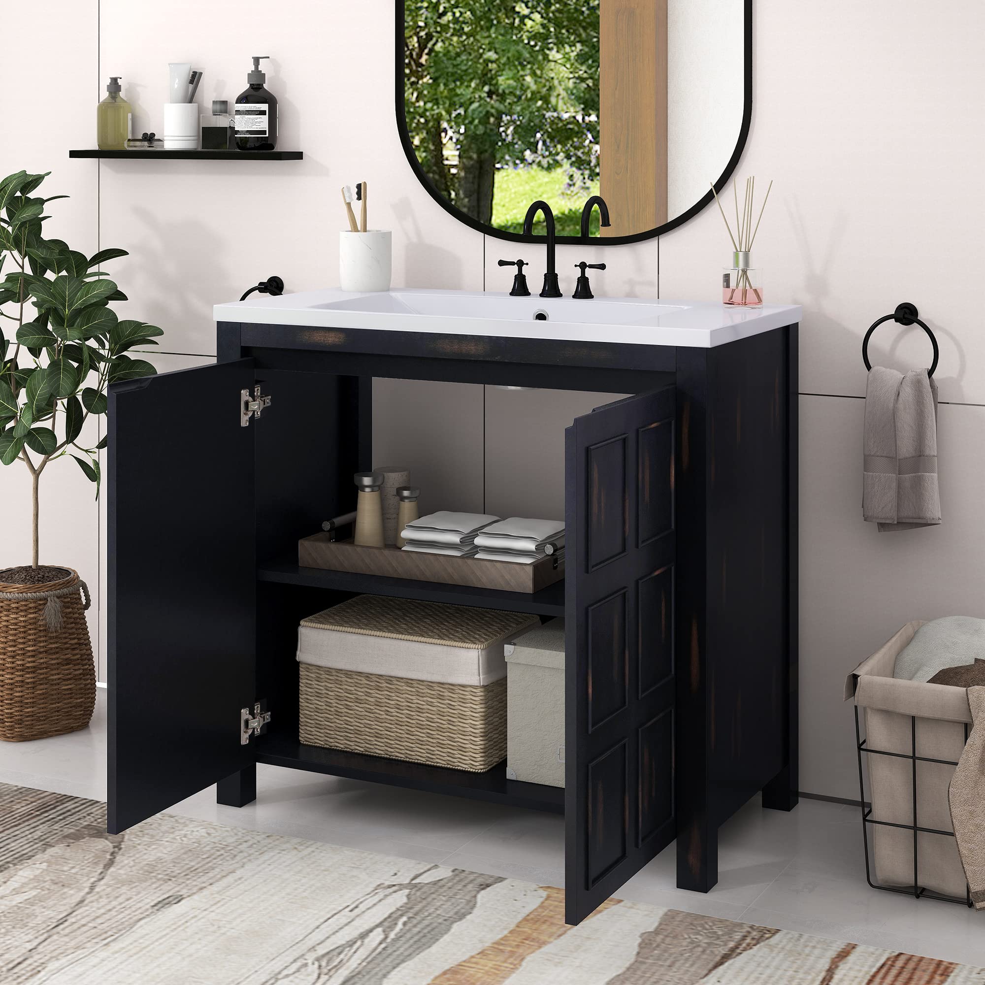 P PURLOVE 36 Inch Modern Bathroom Vanity with Sink Top Combo Set - Single Bathroom Cabinet with Adjustable Shelf, Soft Closing Doors & Wooden Finish - Perfect for Small Bathrooms, Powder Rooms & Home Renovations