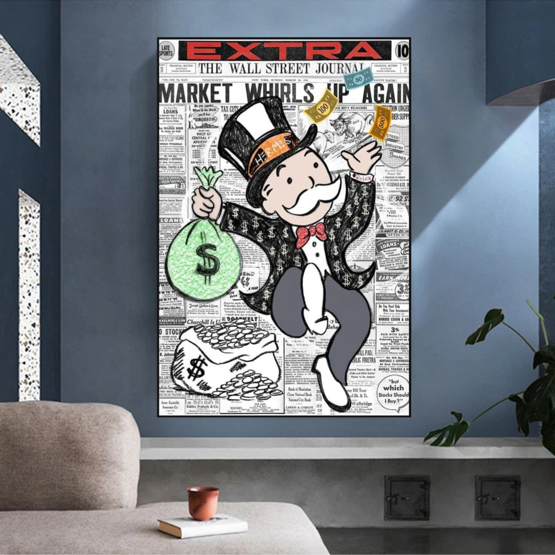 Alec Monopoly Money Bag Newspaper Print Canvas Wall Art - Modern Pop Art Decor for Living Room, Bedroom & Office