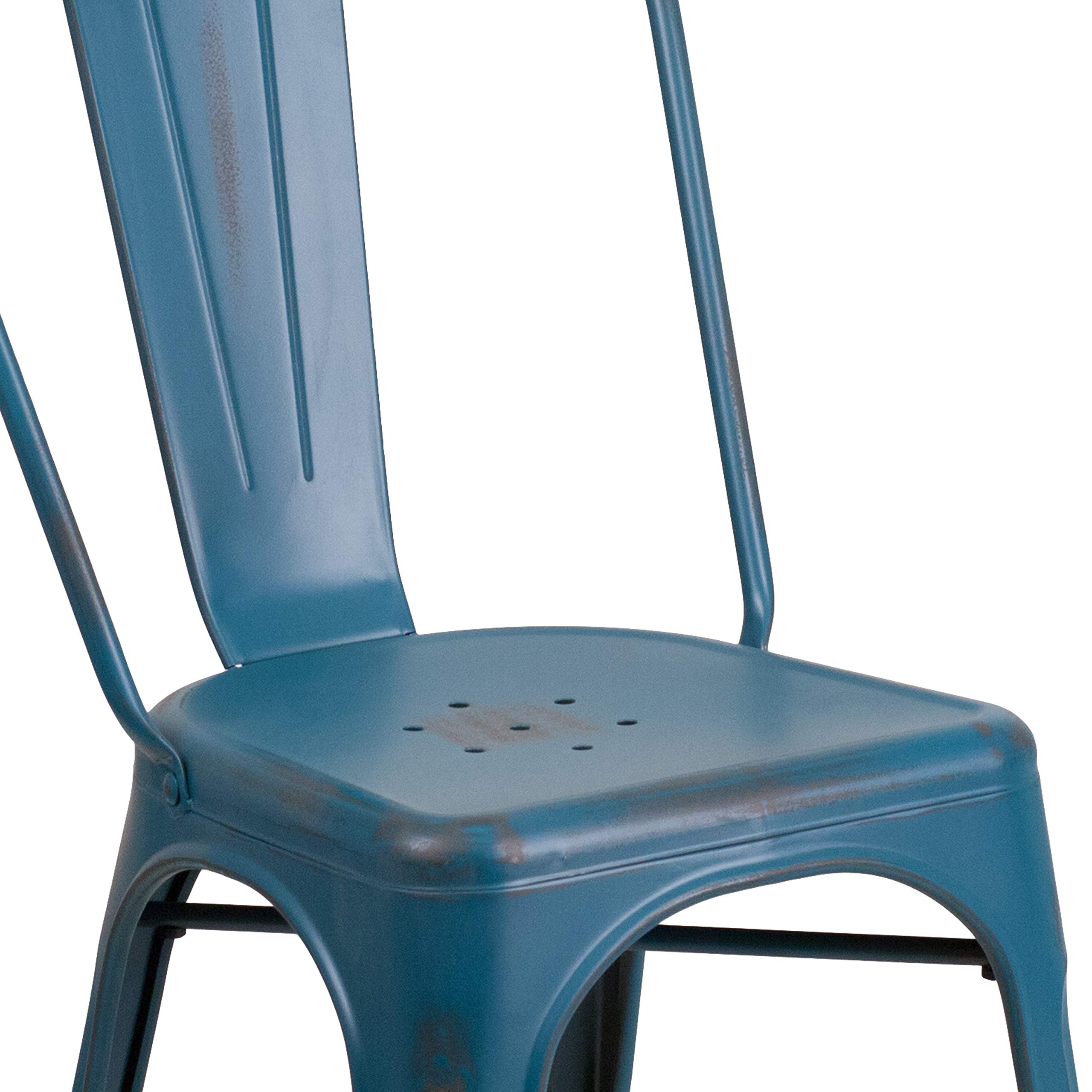 EMMA + OLIVER Commercial Grade Distressed Blue Metal Indoor-Outdoor Stackable Chair - Durable Patio, Garden, Restaurant & Event Seating