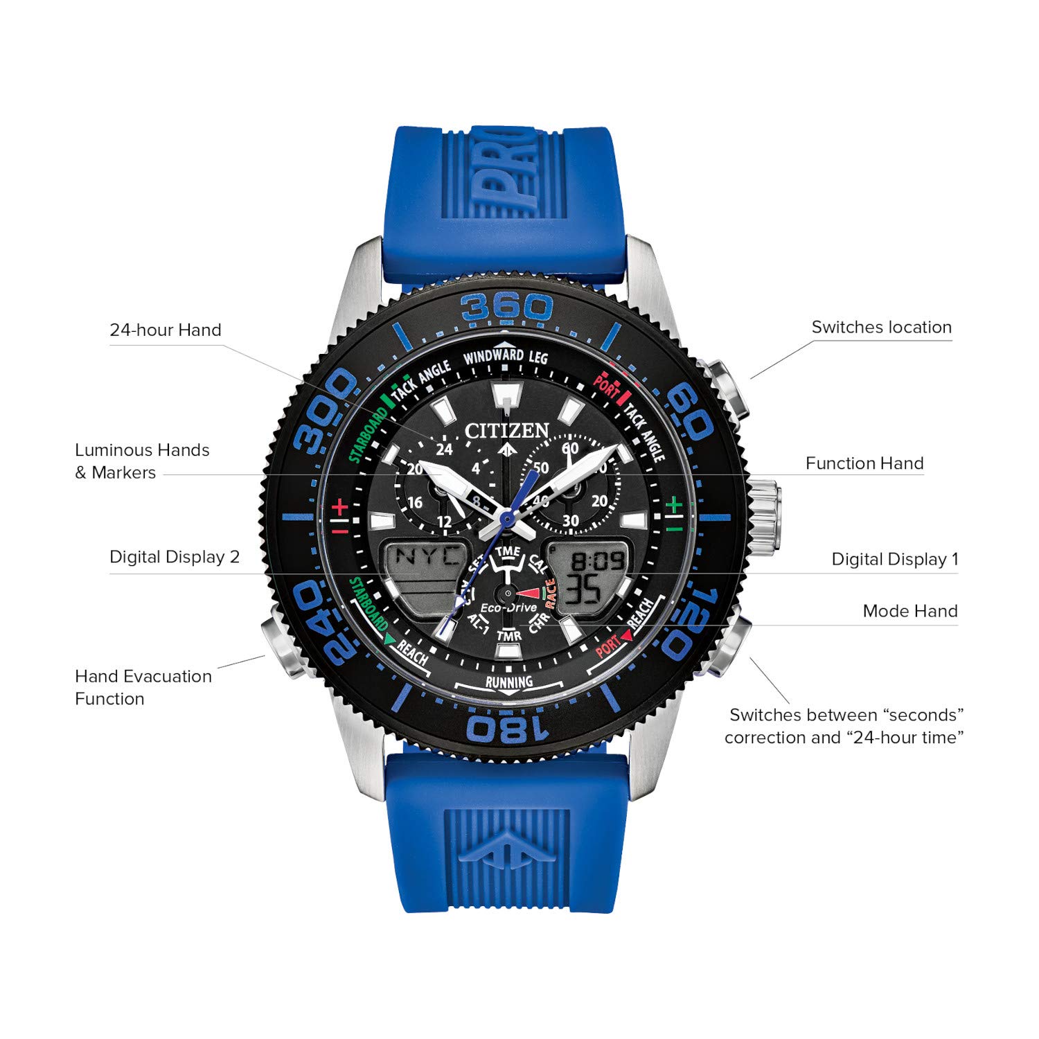 Citizen Men's Promaster Sailhawk Eco-Drive Watch - Stainless Steel Yacht Racing Chronograph with Polyurethane Strap, Dual Time Display, Luminous Hands & Markers - Perfect for Sailing, Water Sports & Outdoor Adventures