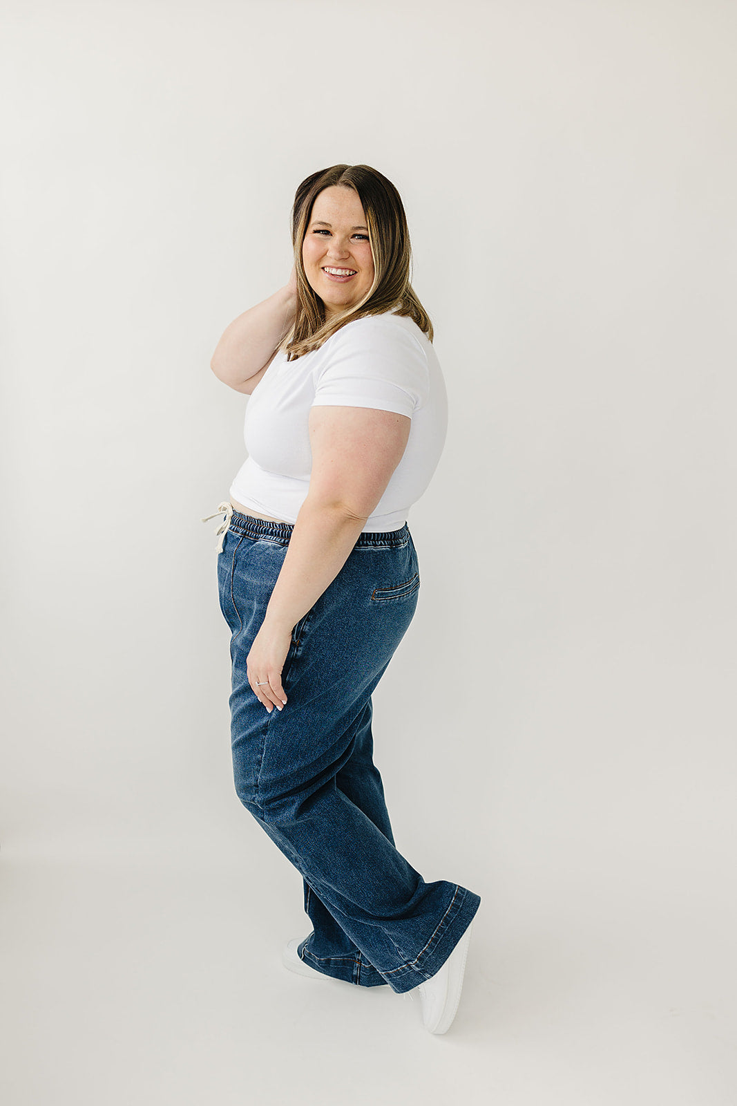 High Rise Wide Leg Denim Joggers for Women - Comfortable Stretchy Casual Pants for Lounge, Travel & Everyday Wear