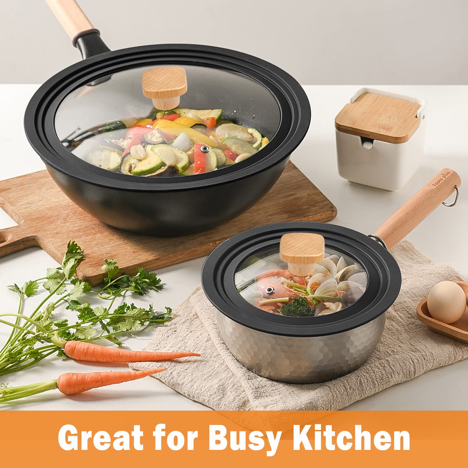 Wadaza Universal Tempered Glass Pan Lid with Wooden Knob - Fits 11, 12, 12.5 Inch Pots, Pans & Woks - Dishwasher Safe Cookware Cover for Frying, Sautéing & Simmering - Perfect for Stovetop Cooking & Food Storage