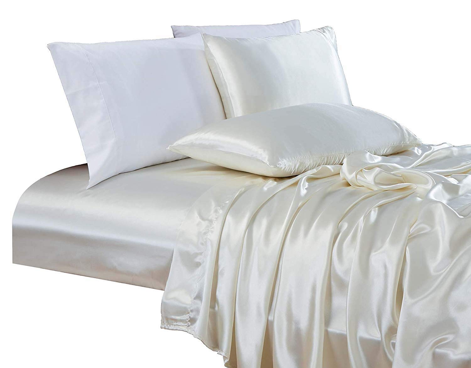 Luxury Soft Silky Satin 4-Piece Bedding Set - Flat Sheet, Fitted Sheet & 2 Pillow Cases - Hypoallergenic, Wrinkle-Resistant, Easy Care - Ivory Full Size - Perfect for Master Bedroom, Guest Room & Hotel Style Decor
