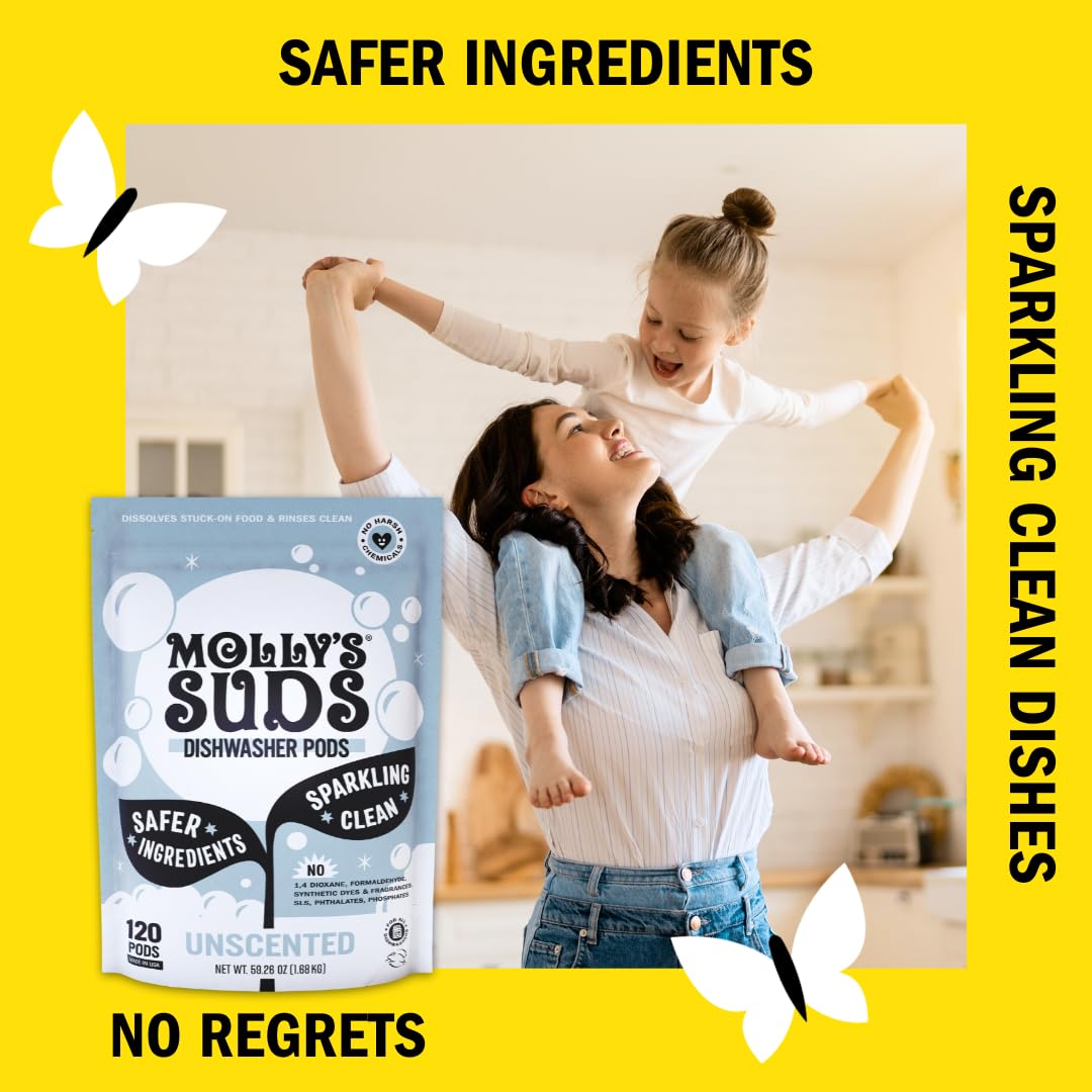 Molly's Suds Dishwasher Pods - Unscented Dishwasher Detergent Tablets, 60 Count | Residue-Free, Cuts Grease & Leaves Dishes Sparkling Clean | Perfect for Daily Dishwashing & Hard Water Areas