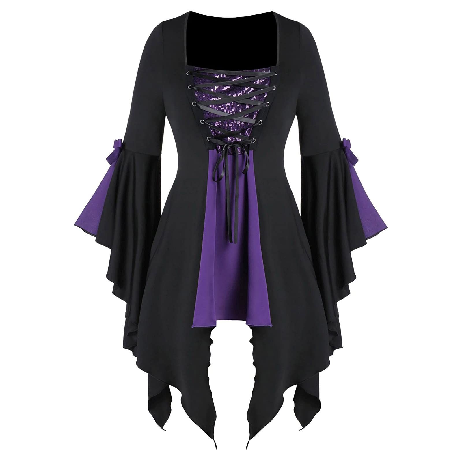 Gothic Women's Tunic Dress with Criss Cross Bandage Design, Flared Sleeves & Asymmetrical Hem - Perfect for Halloween Costume, Gothic Party & Alternative Fashion Outfits