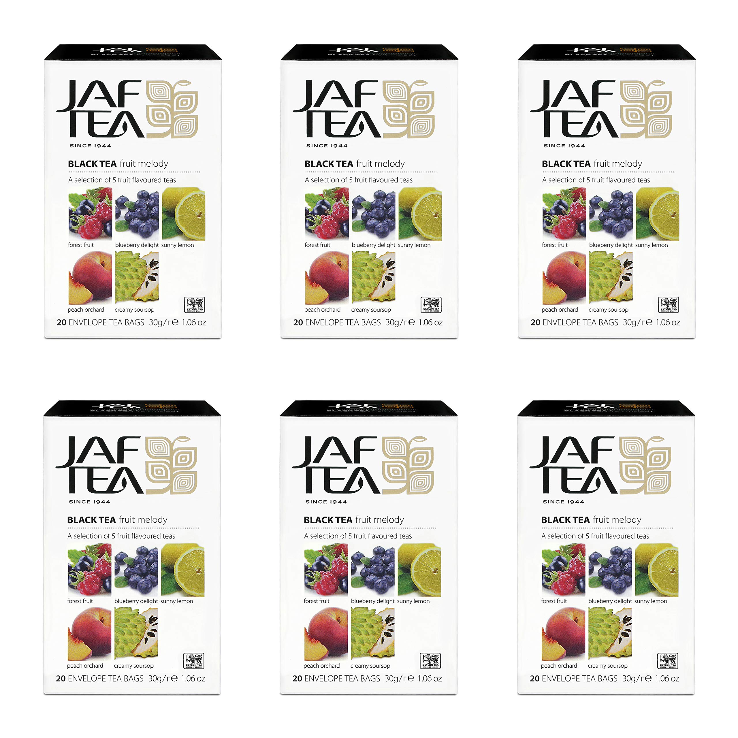JAF TEA - Premium Black Tea Fruit Melody Blend | 5 Natural Fruit Flavors | 6 Boxes (120 Tea Bags) | Hot or Iced Tea | Perfect for Afternoon Tea, Office Break & Relaxation