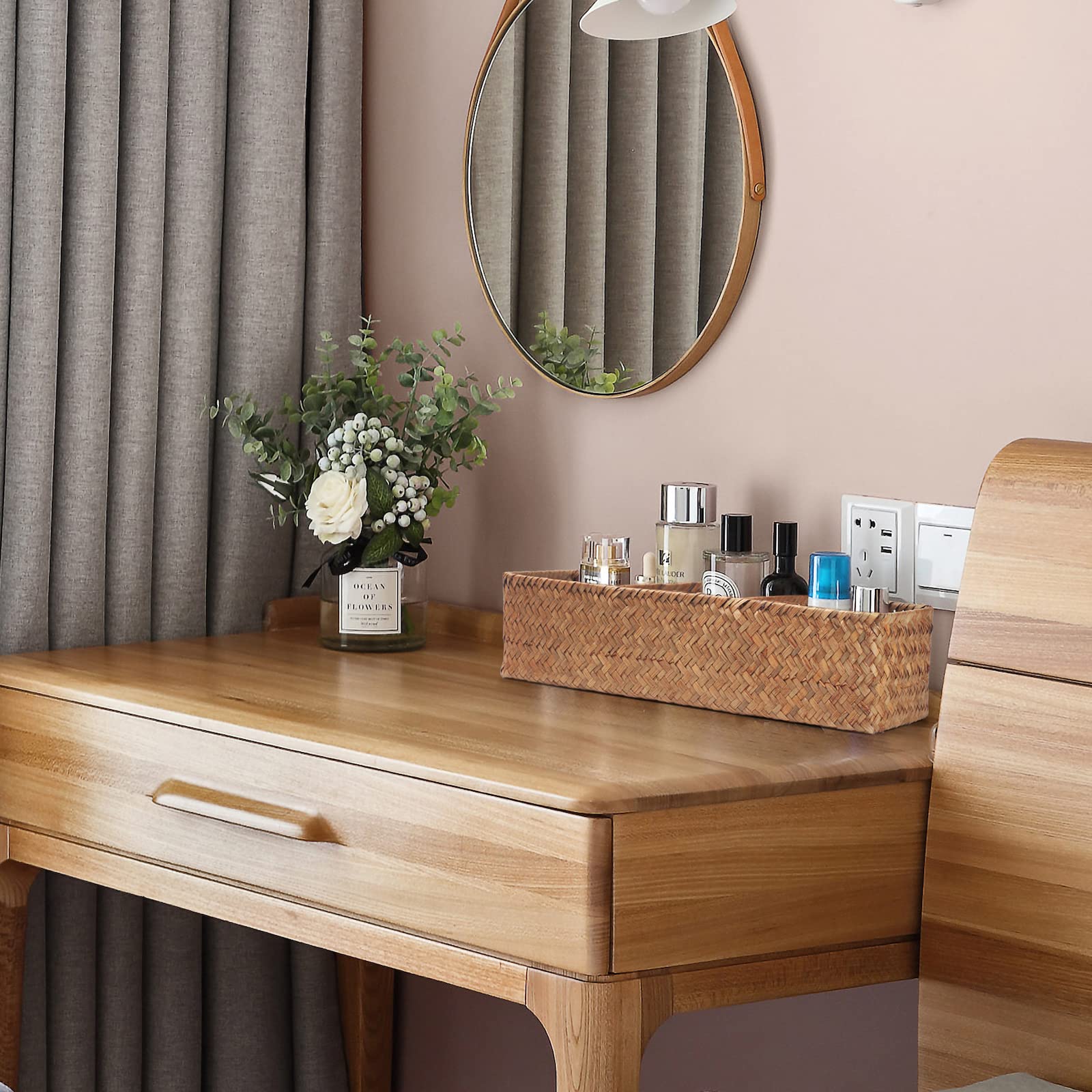 Natural Seagrass Storage Basket - Woven Shelf Organizer for Bathroom, Vanity & Dresser - 14.6