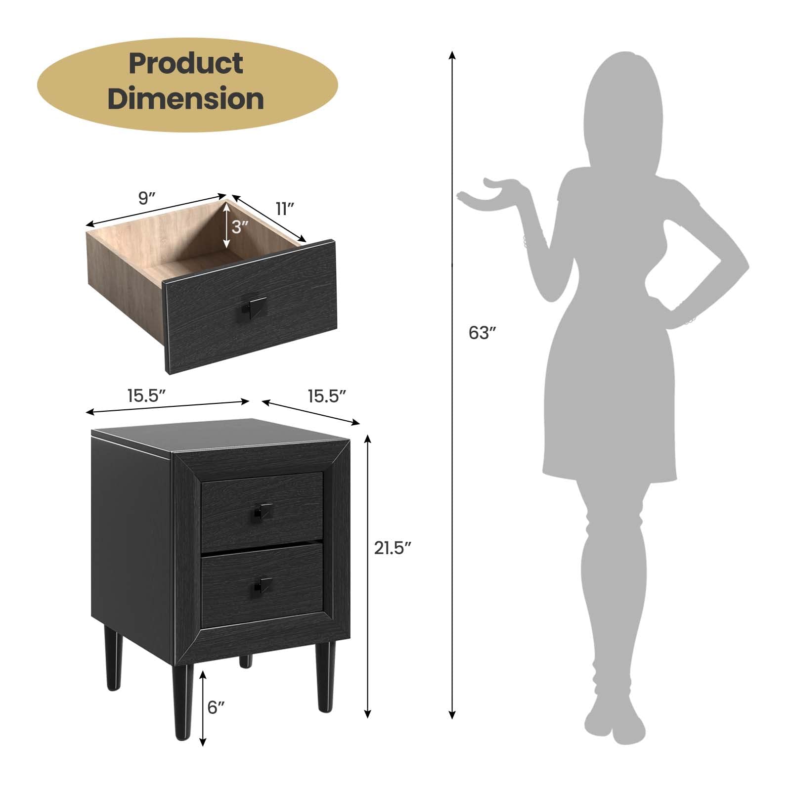 Giantex Black Nightstand - Fully Assembled 2-Drawer Bedside Table with Solid Wood Legs, Modern Bedroom Nightstand & Living Room Side Table for Small Spaces | Perfect for Bedrooms, Dorms & Apartments
