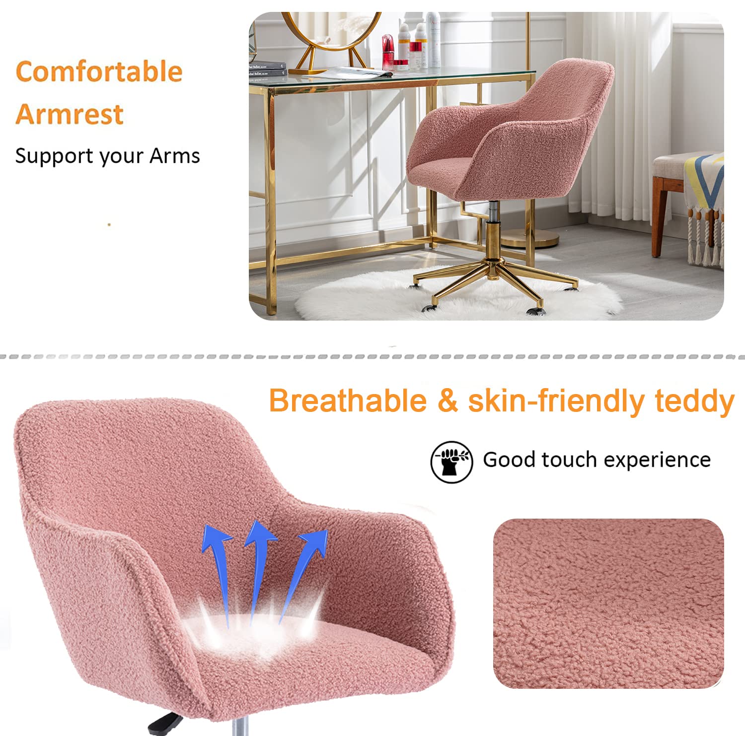 Luxury Faux Fur Swivel Office & Home Desk Chair - Modern Tufted Seat with Golden Base, Elegant Vanity & Kids Task Chair in Pink - Perfect for Home Office, Bedroom & Study Room
