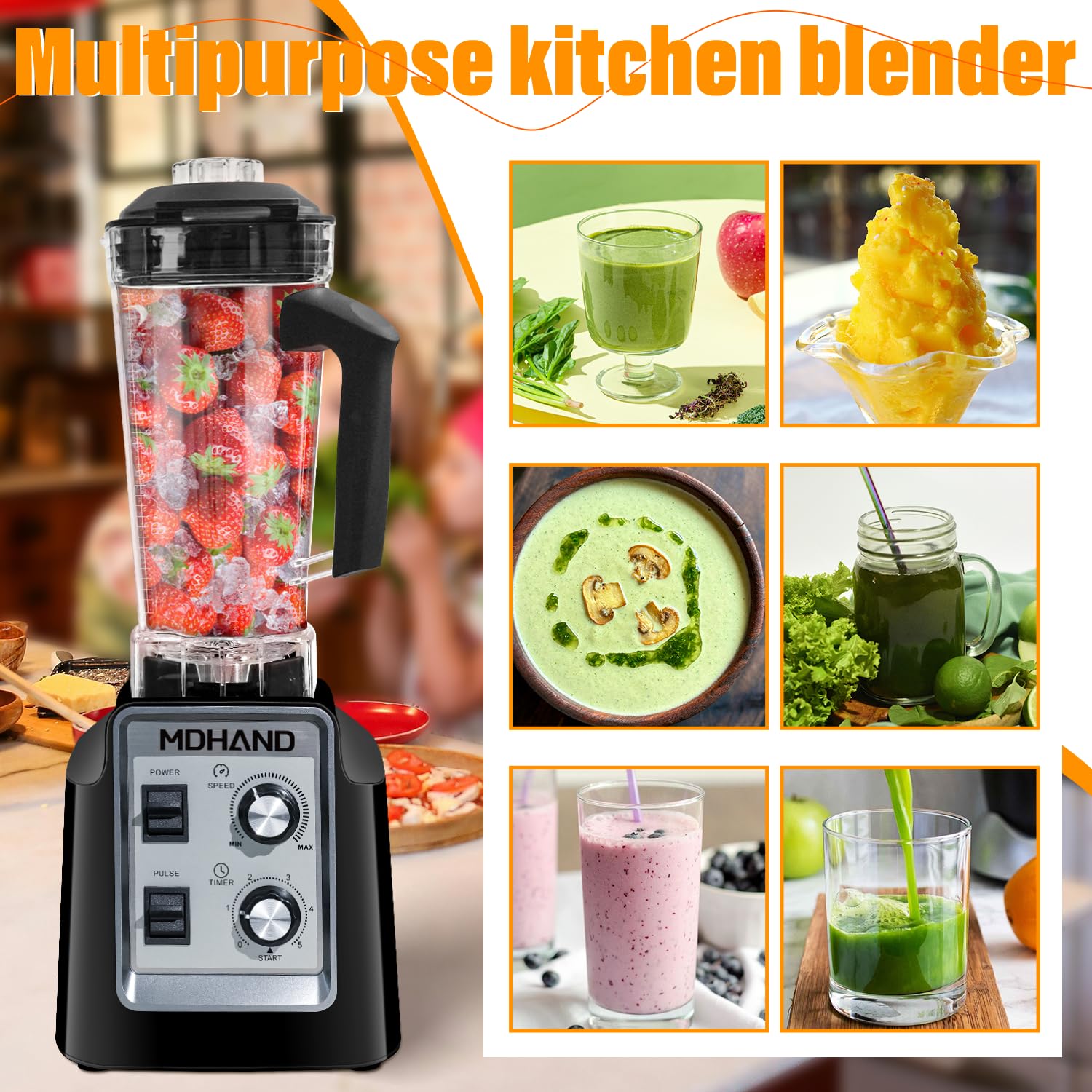 1400W High-Speed Blender - Crush Ice in 5 Seconds, Self-Cleaning, BPA-Free 68oz Jar with 2 Travel Cups | Professional Kitchen Blender for Smoothies, Protein Shakes, Nut Butters & Soups | Perfect for Home, Gym & Healthy Lifestyle (Black)